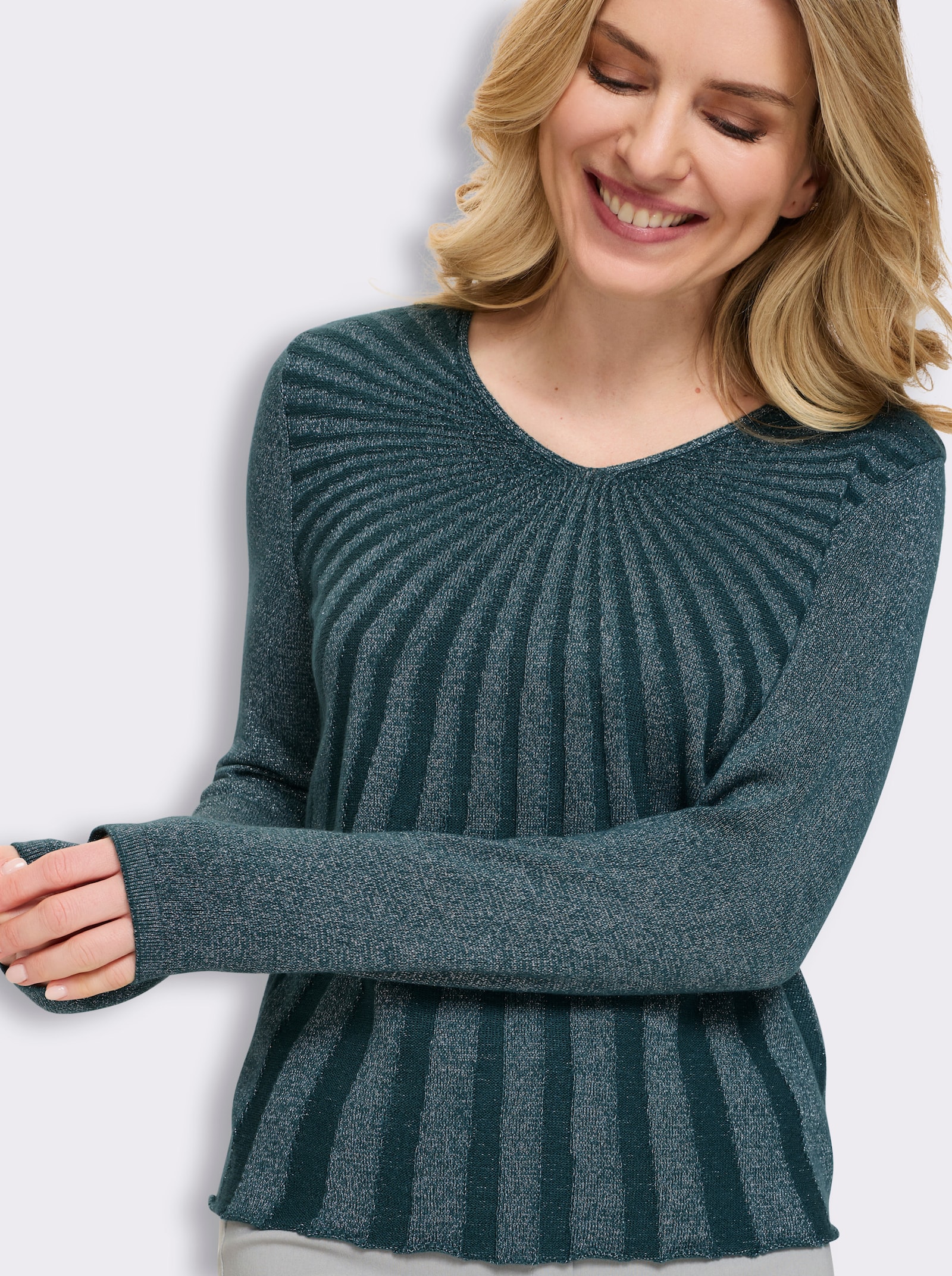 V-Ausschnitt-Pullover mit Glanzgarn - petrol-silberfarben