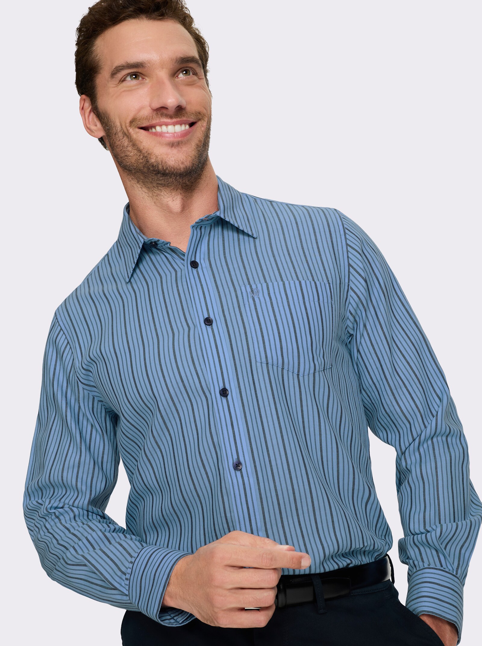 Marco Donati Langarmhemd in bügelfreier Popeline-Qualität - himmelblau-gestreift