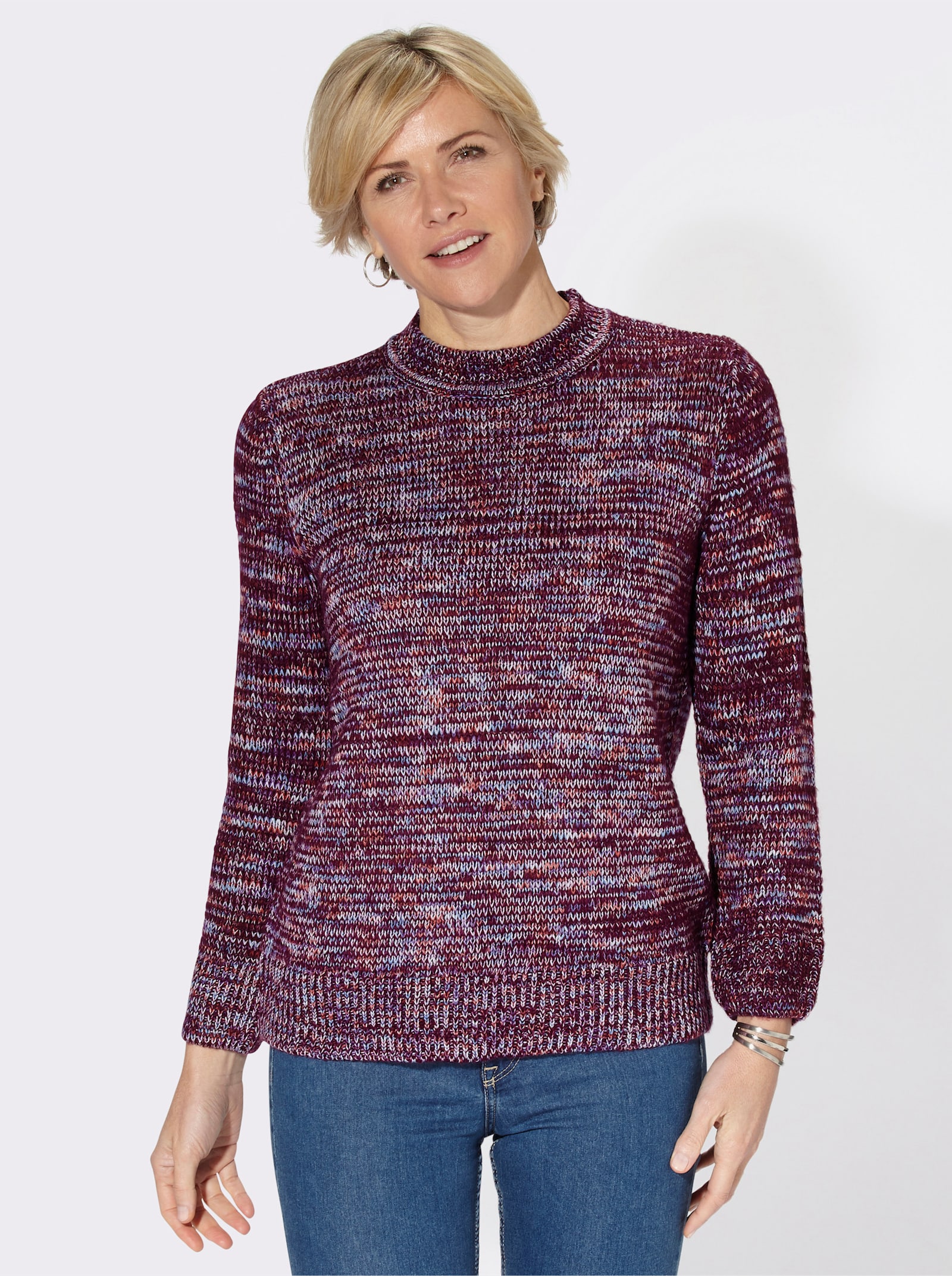 Stehkragenpullover in Melange-Optik - brombeer-meliert