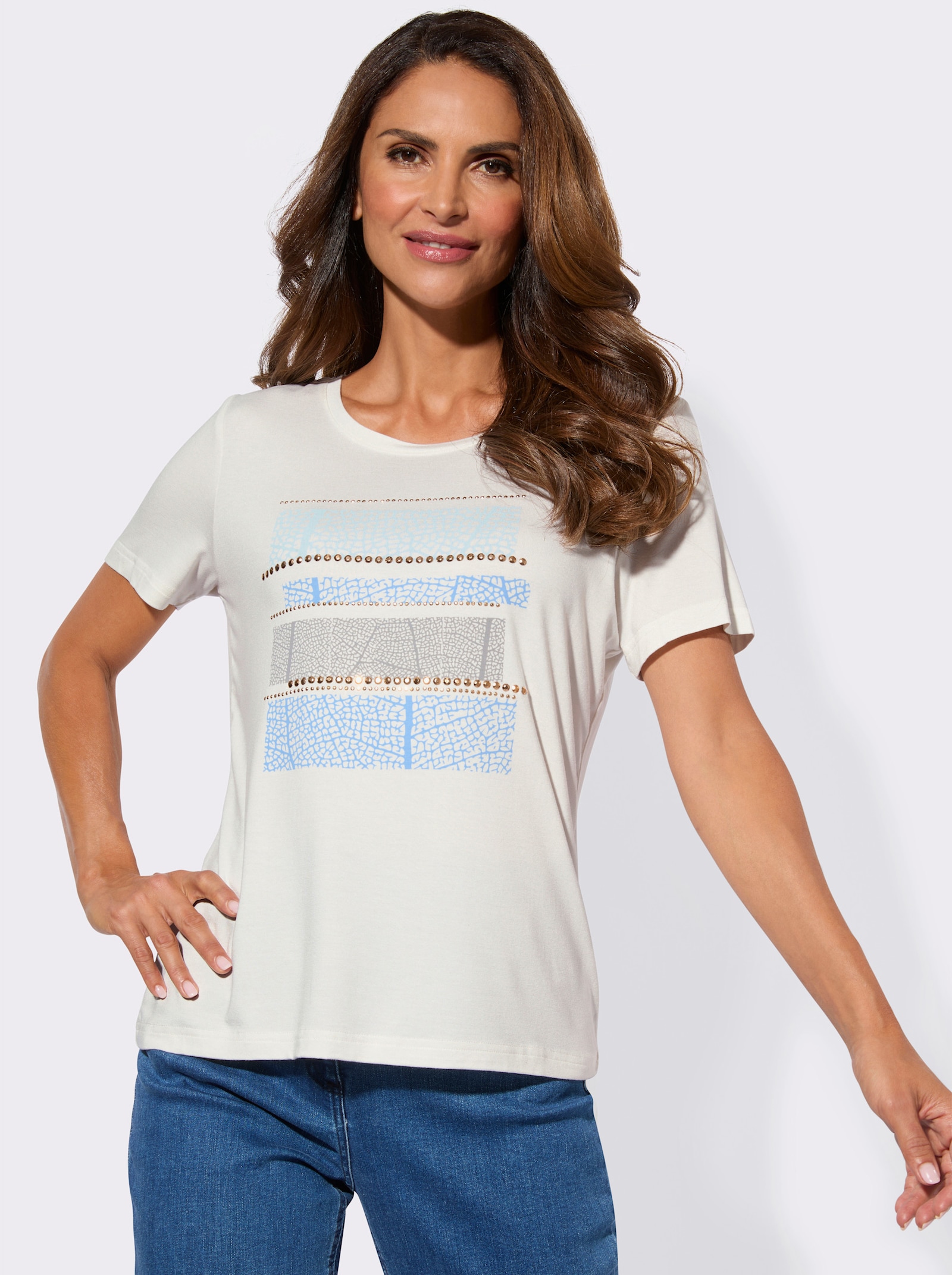 Rundhalsshirt mit platziertem Druck - ecru-himmelblau-bedruckt