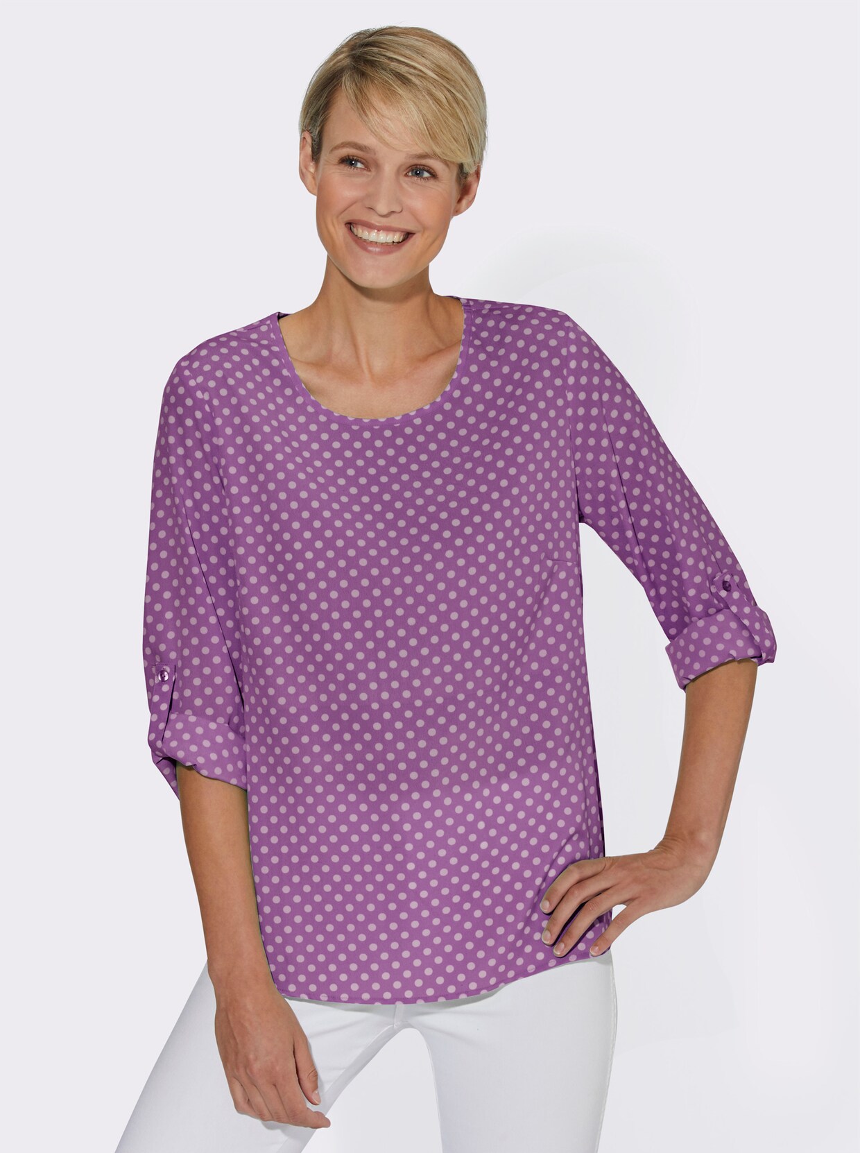 Comfortabele blouse - violet/wit gestippeld