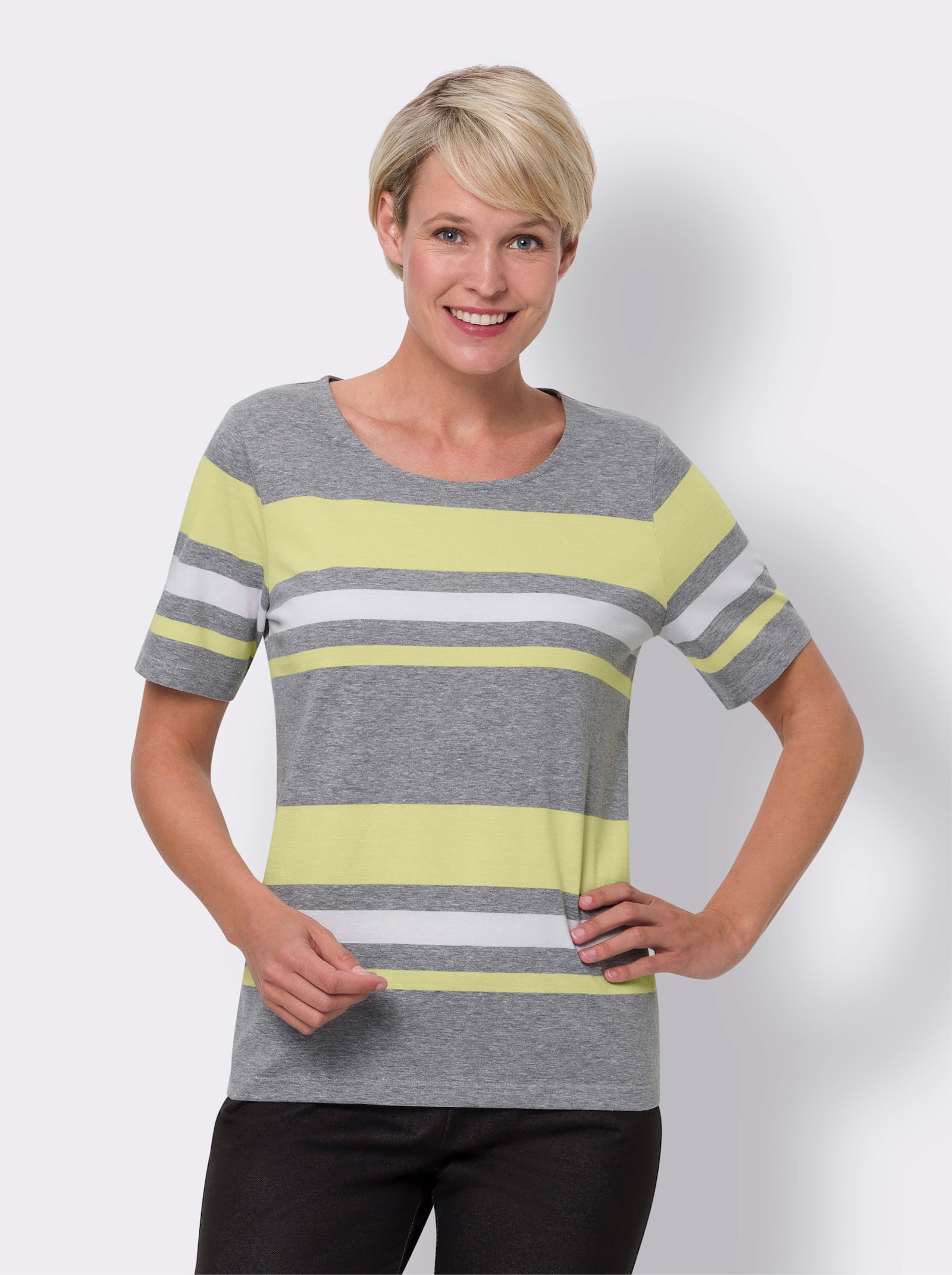 Kurzarmshirt mit garngefärbtem Streifen - grau-meliert-zitrone-gestreift