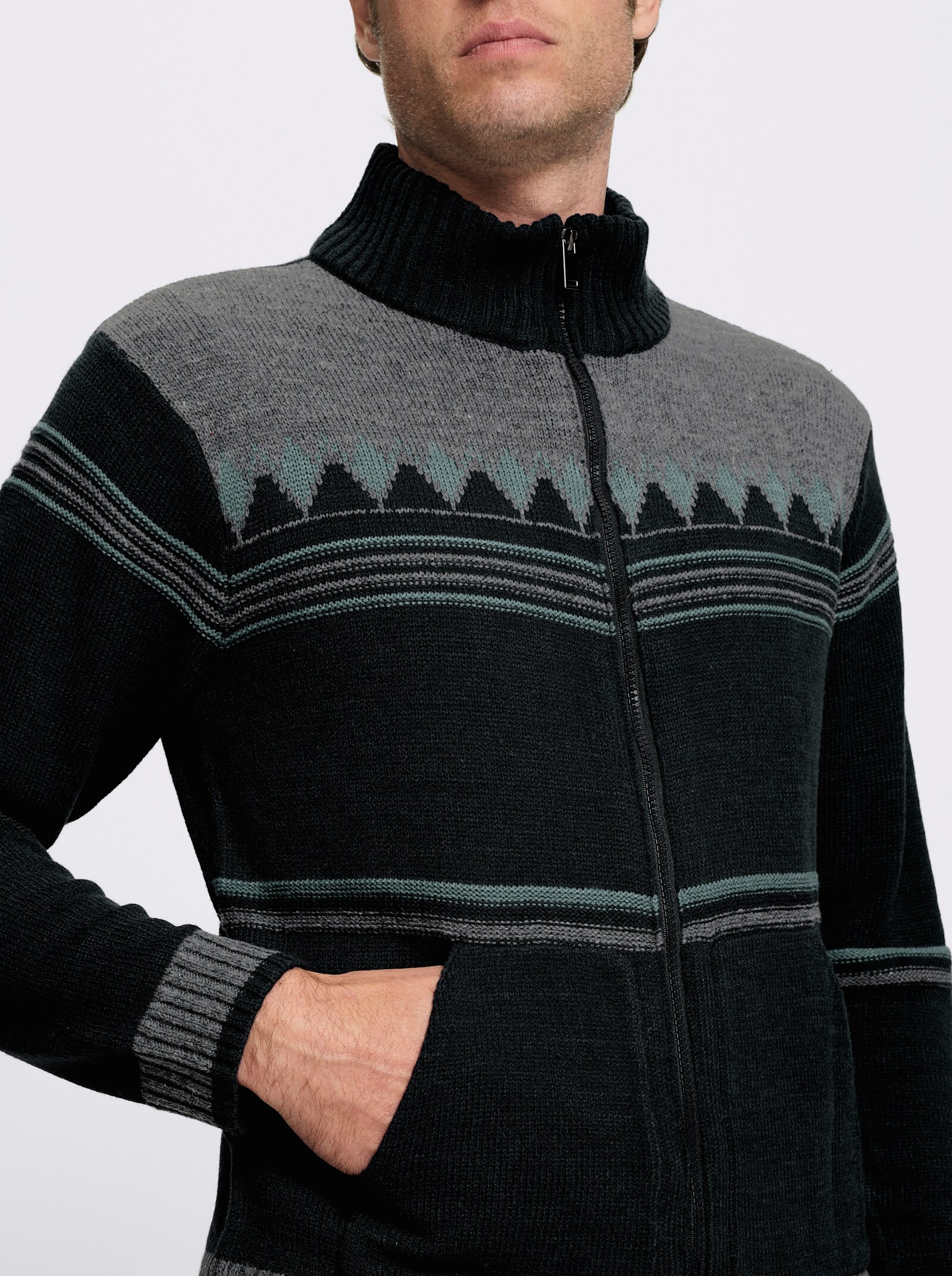 Catamaran Strickjacke mit Woll-Anteil - schwarz-gemustert