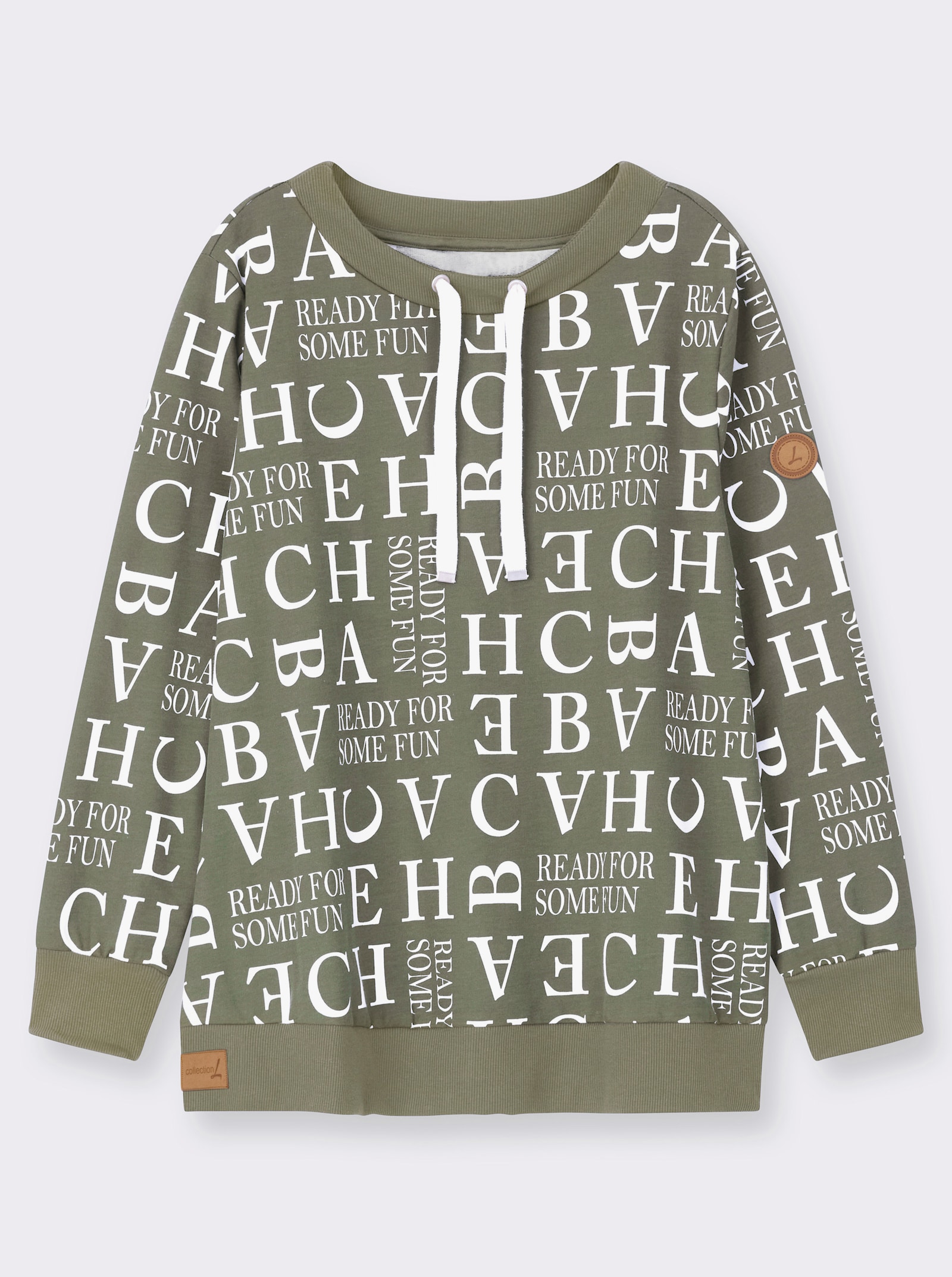 Sweatshirt mit Kordeldurchzug am Ausschnitt - khaki-ecru-bedruckt