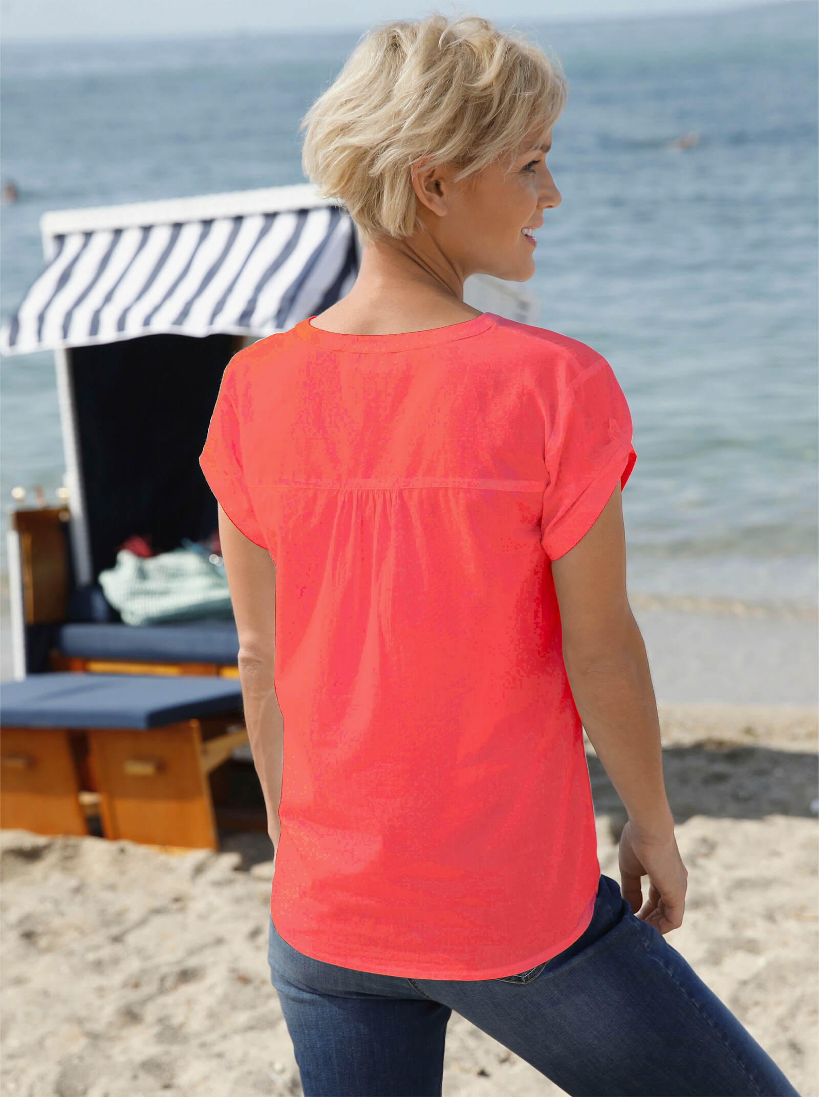 Kurzarmbluse mit kurzer Knopfleiste - korallenrot