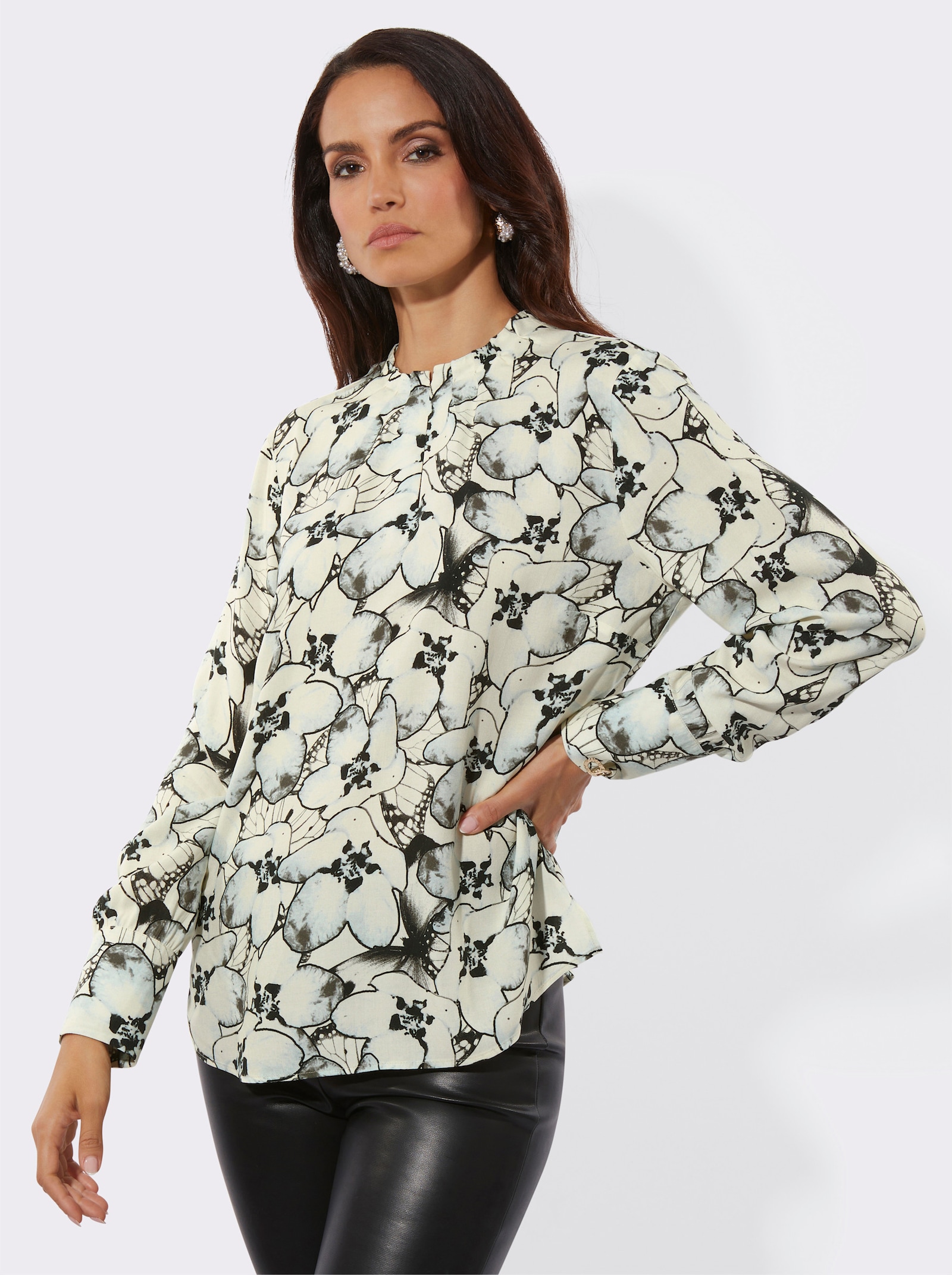 Druckbluse mit geknöpftem Schlitz - champagner-graphit-bedruckt