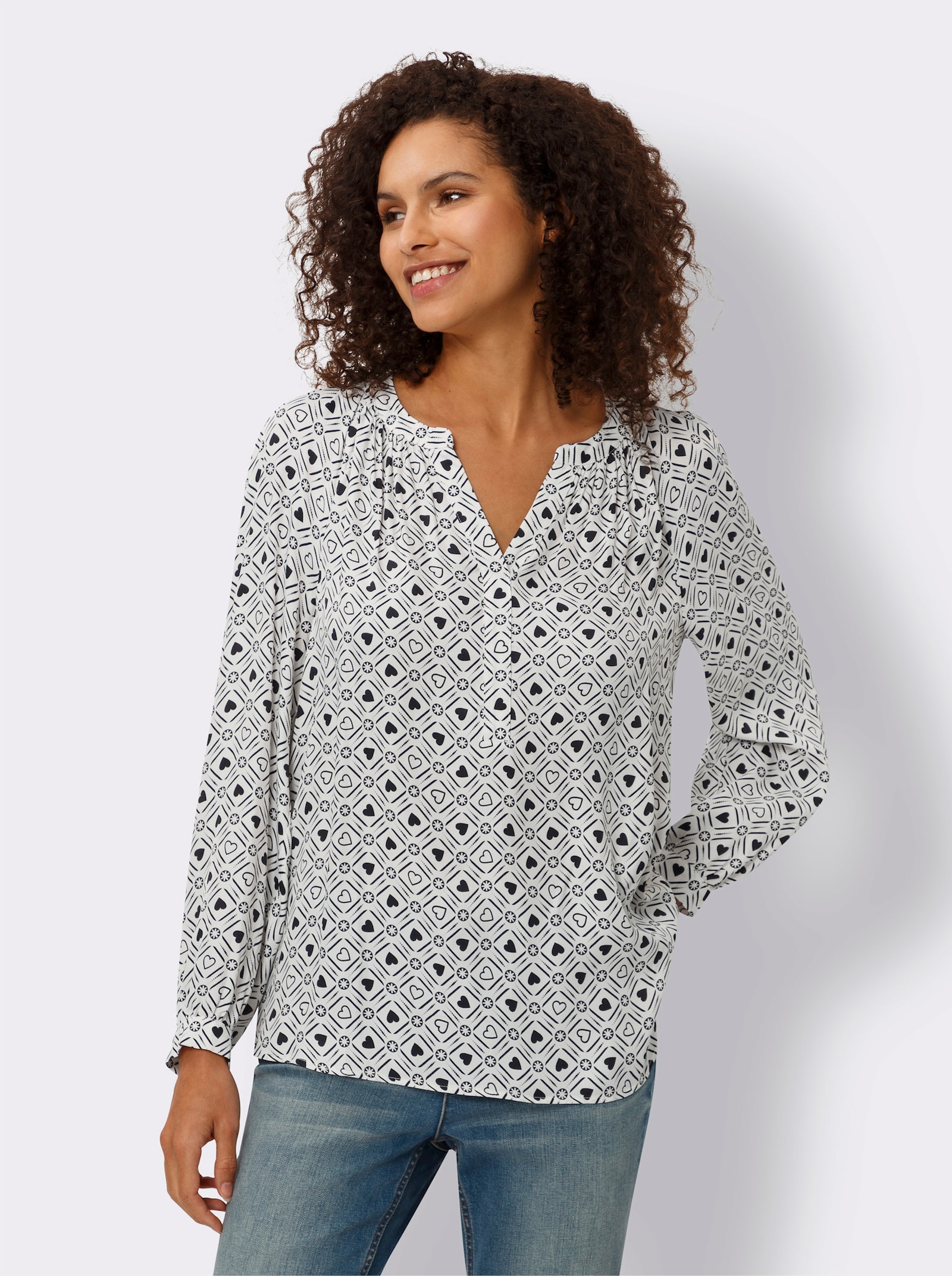 heine Druckbluse mit Herz-Dessin - schwarz-ecru-bedruckt