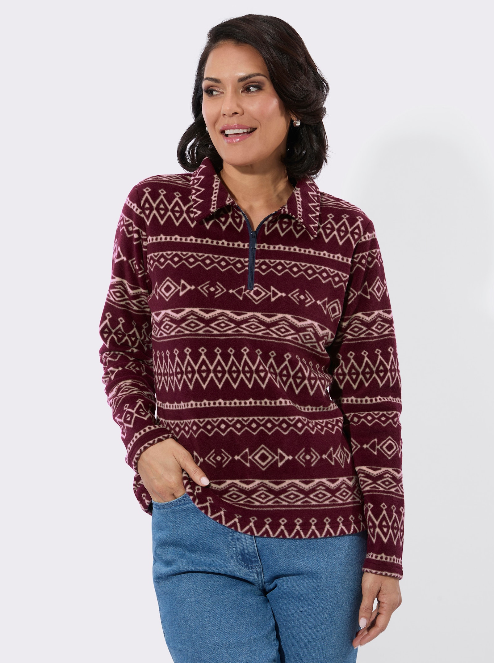 Fleeceshirt mit Reißverschluss - bordeaux-beige-bedruckt