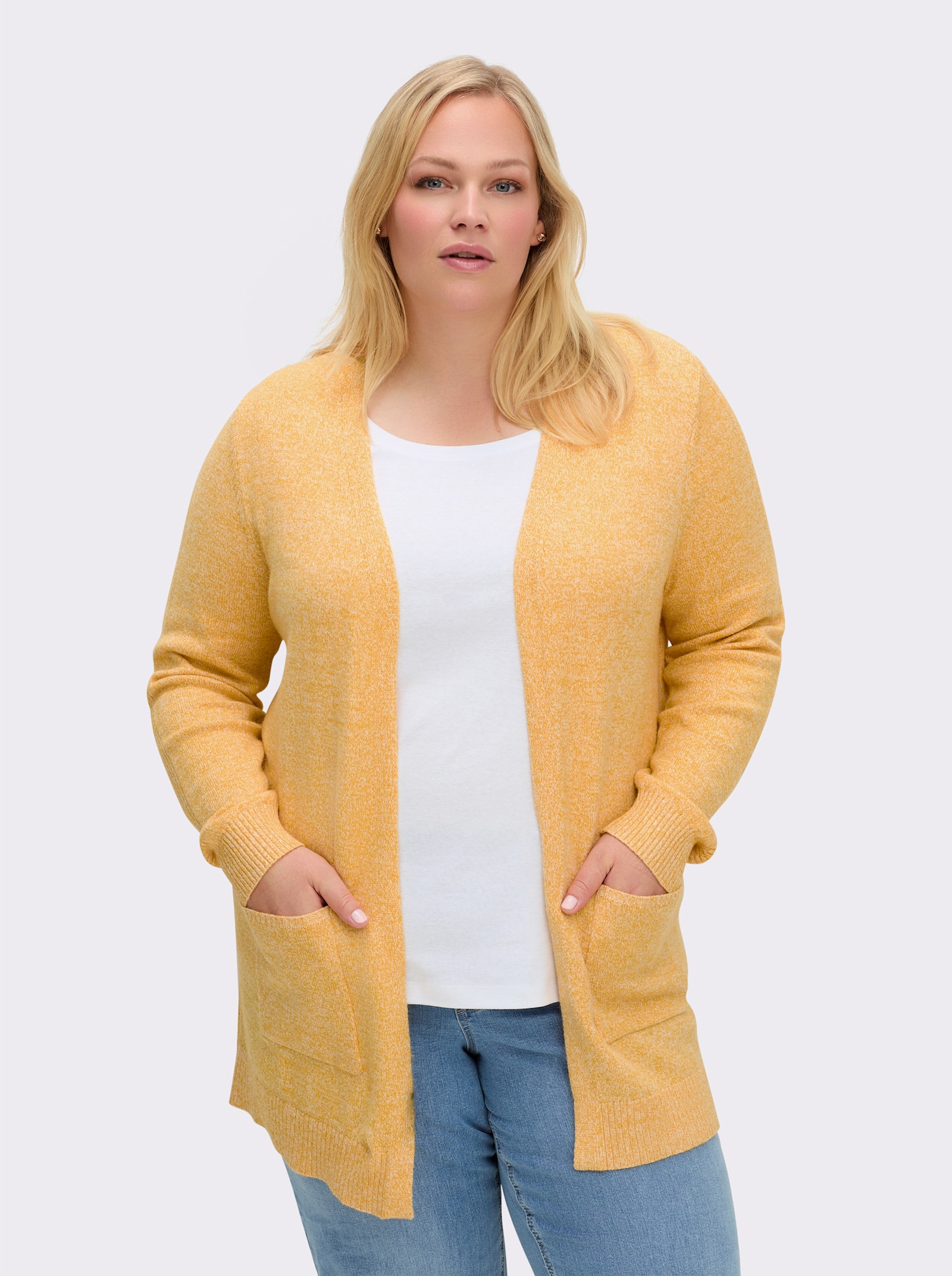 sheego Strickjacke aus Melangegarn, verschlusslos - ocker-meliert