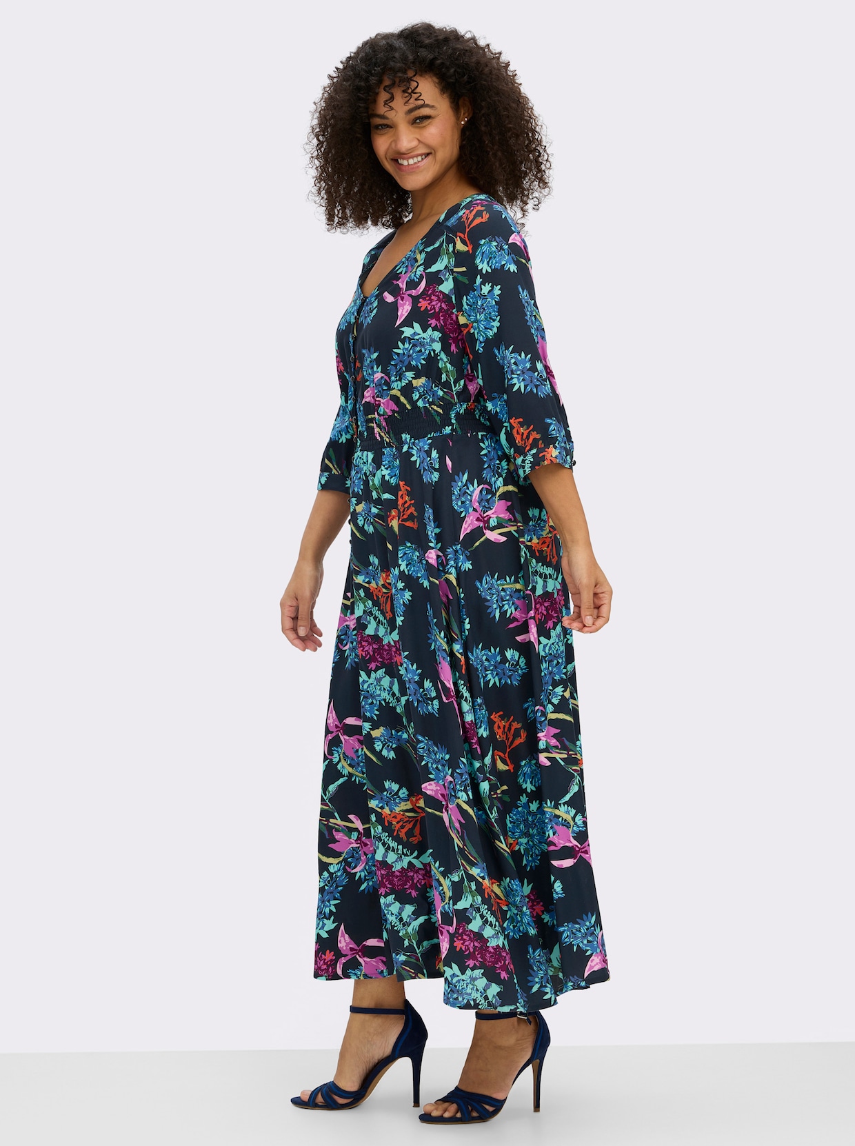 sheego by Joe Browns A-Linien-Kleid mit buntem Blumenprint - tiefblau-türkis-gemustert