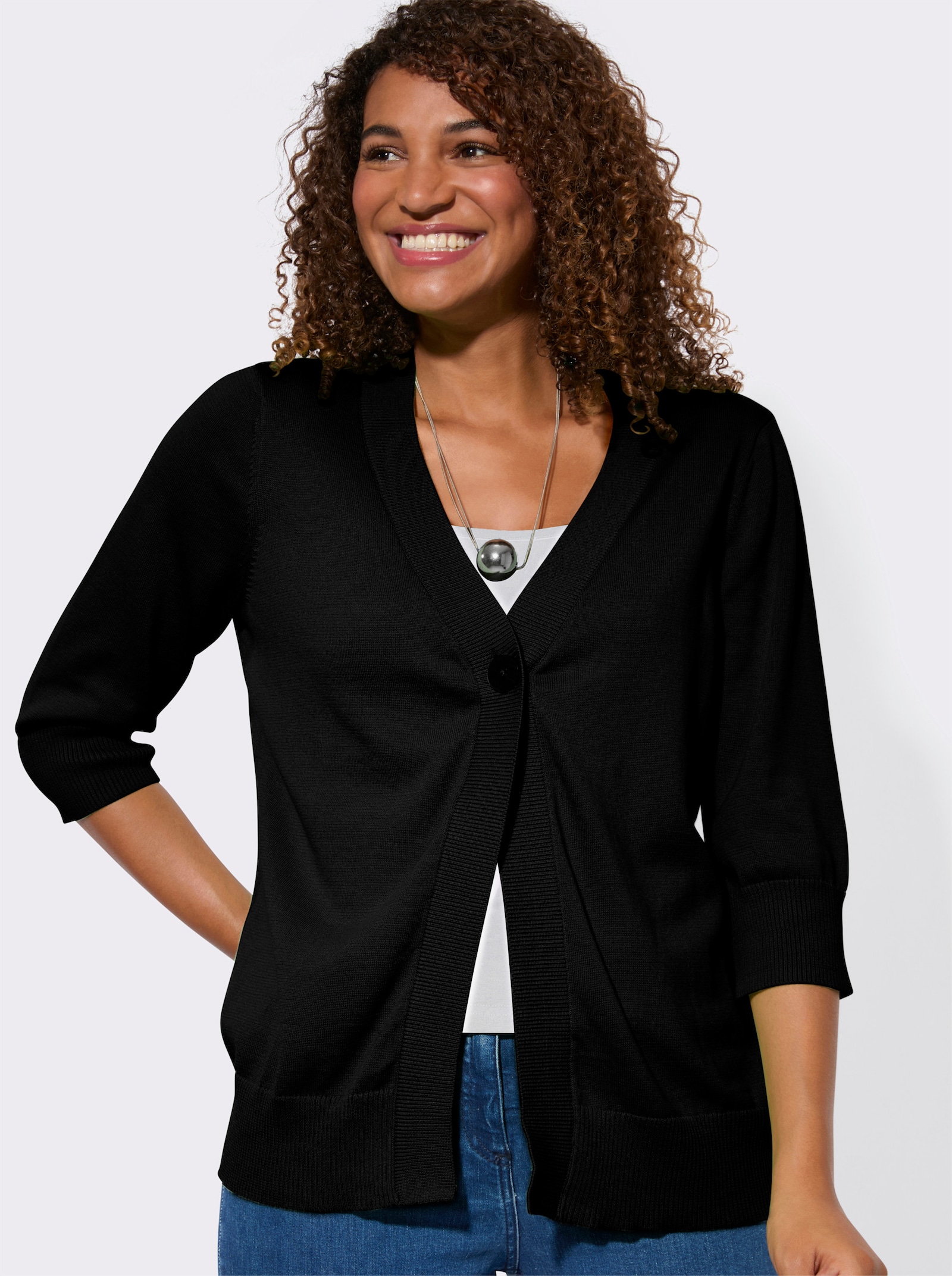 Feinstrickjacke mit gerippten Abschlüssen - schwarz