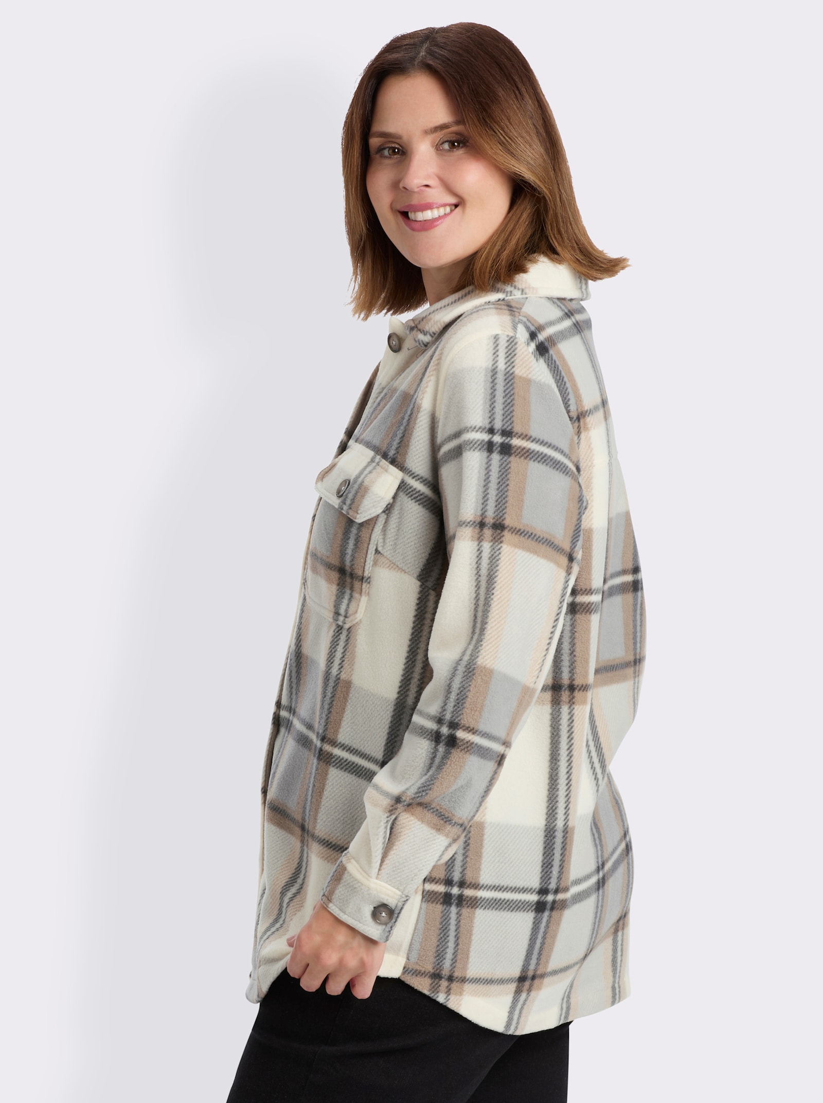 Fleecejacke mit Knöpfen in Horn-Optik - champagner-steingrau-kariert