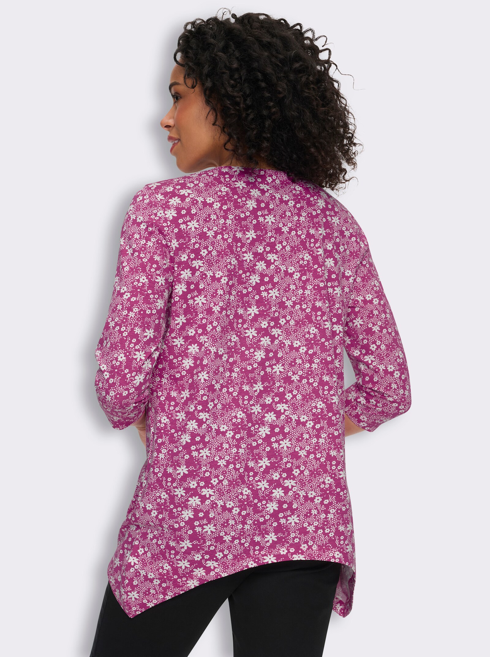 Assymetrisk topp med 3/4-ärmar, blomtryck - magenta-ecru-med tryck