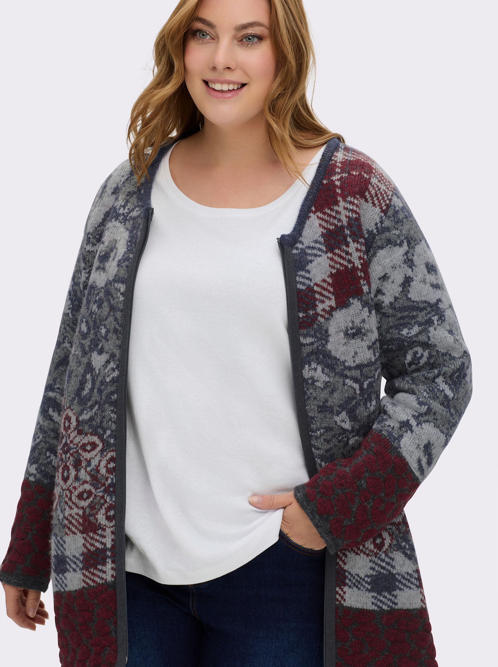 Jacquardstrickjacke für Drinnen und Draußen - rauchblau-gemustert