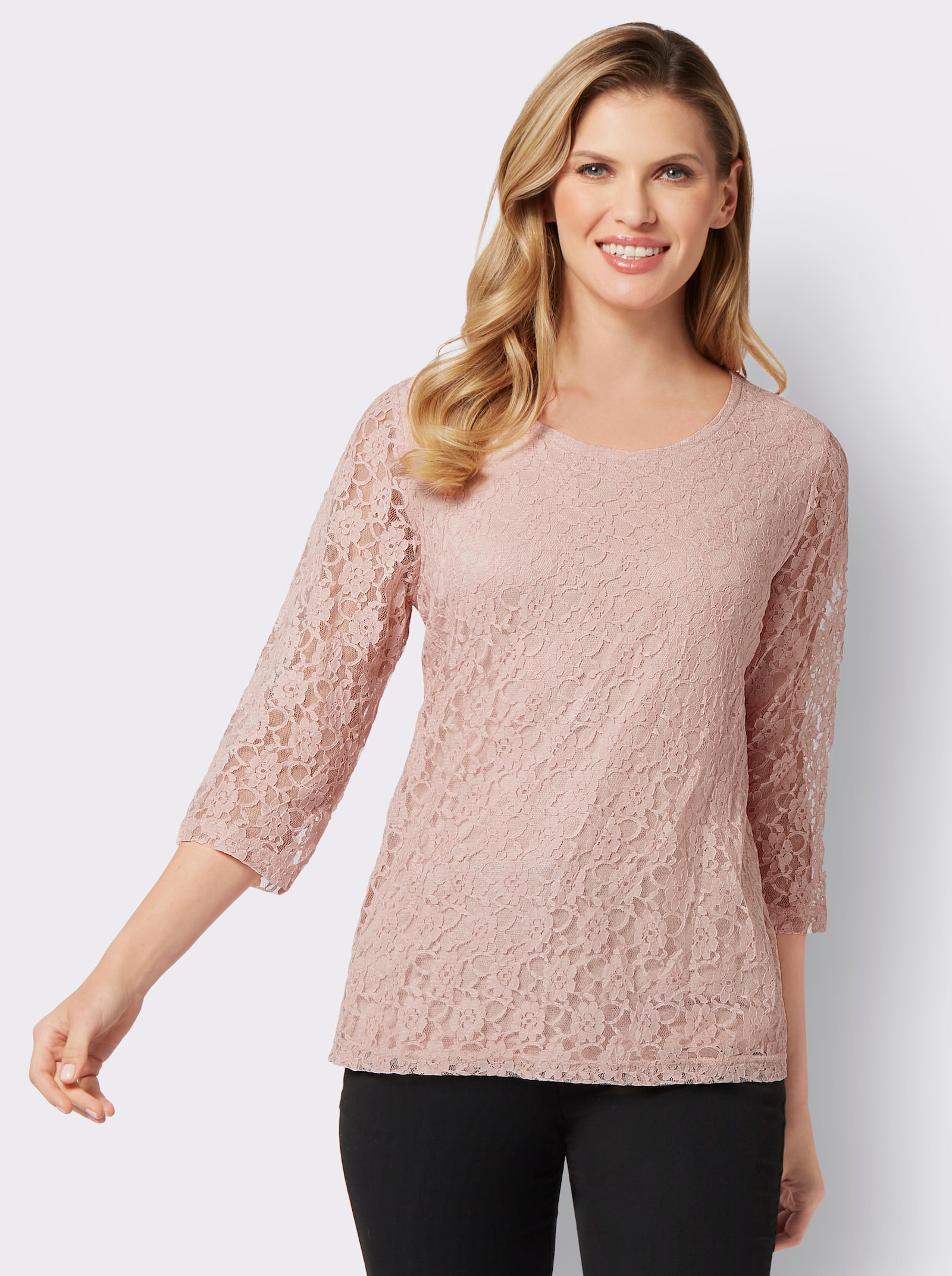 Spitzenshirt mit 3/4-Ärmeln - puder