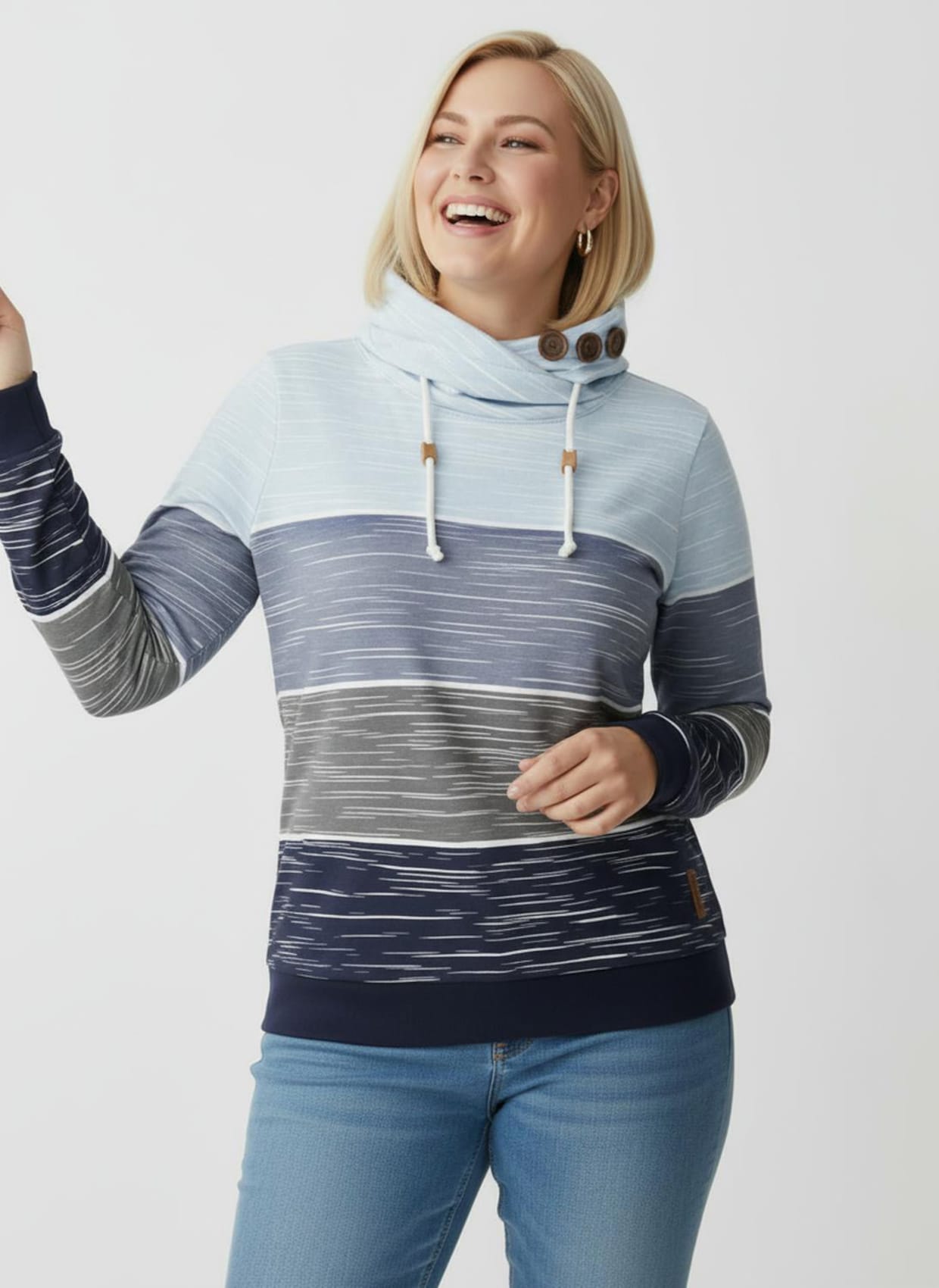 Sweatshirt mit Zierknöpfen am Kragen - marine-hellblau-bedruckt