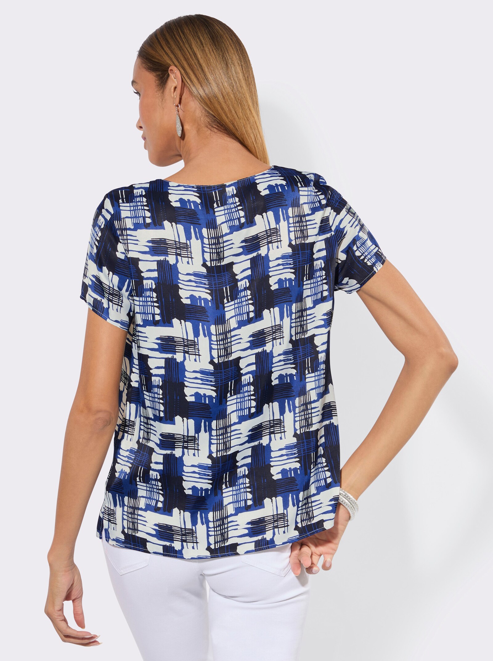 Druckbluse aus weich fließendem Satin - royalblau-ecru-bedruckt