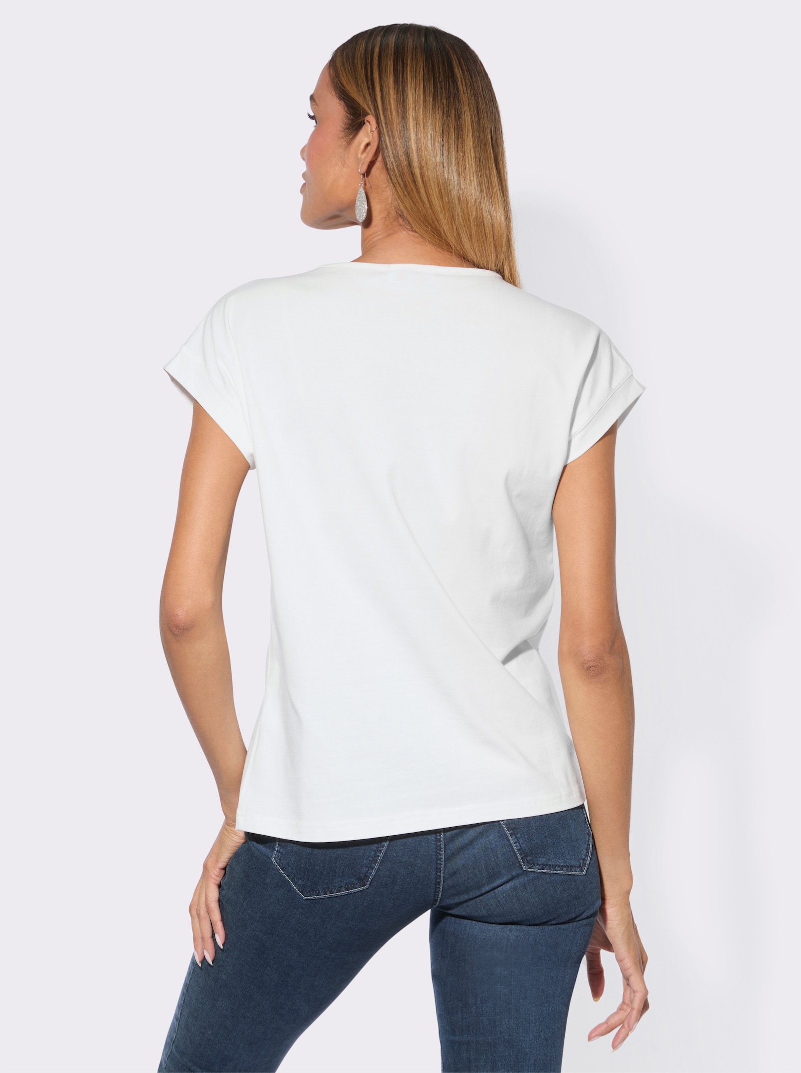 Rundhalsshirt mit Druckmuster und Glitzersteinchen - ecru-royalblau-bedruckt