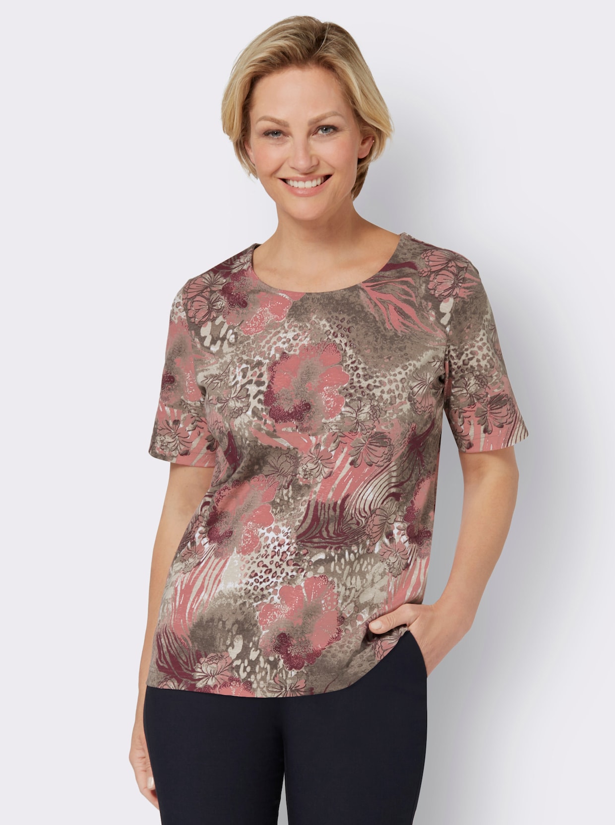 Shirt met ronde hals - ecru/flamingo bedrukt