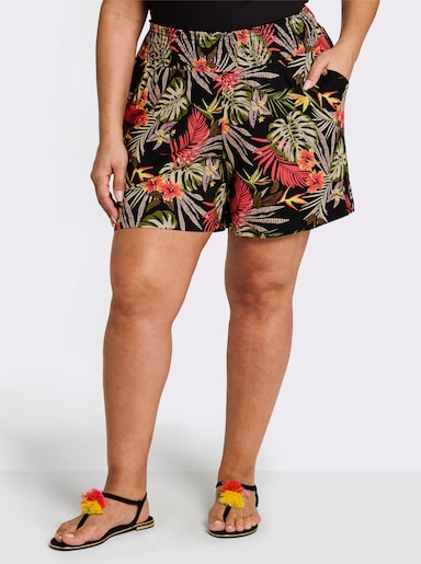 sheego Jerseybroek in kort, wijd model - zwart/bordeaux bedrukt