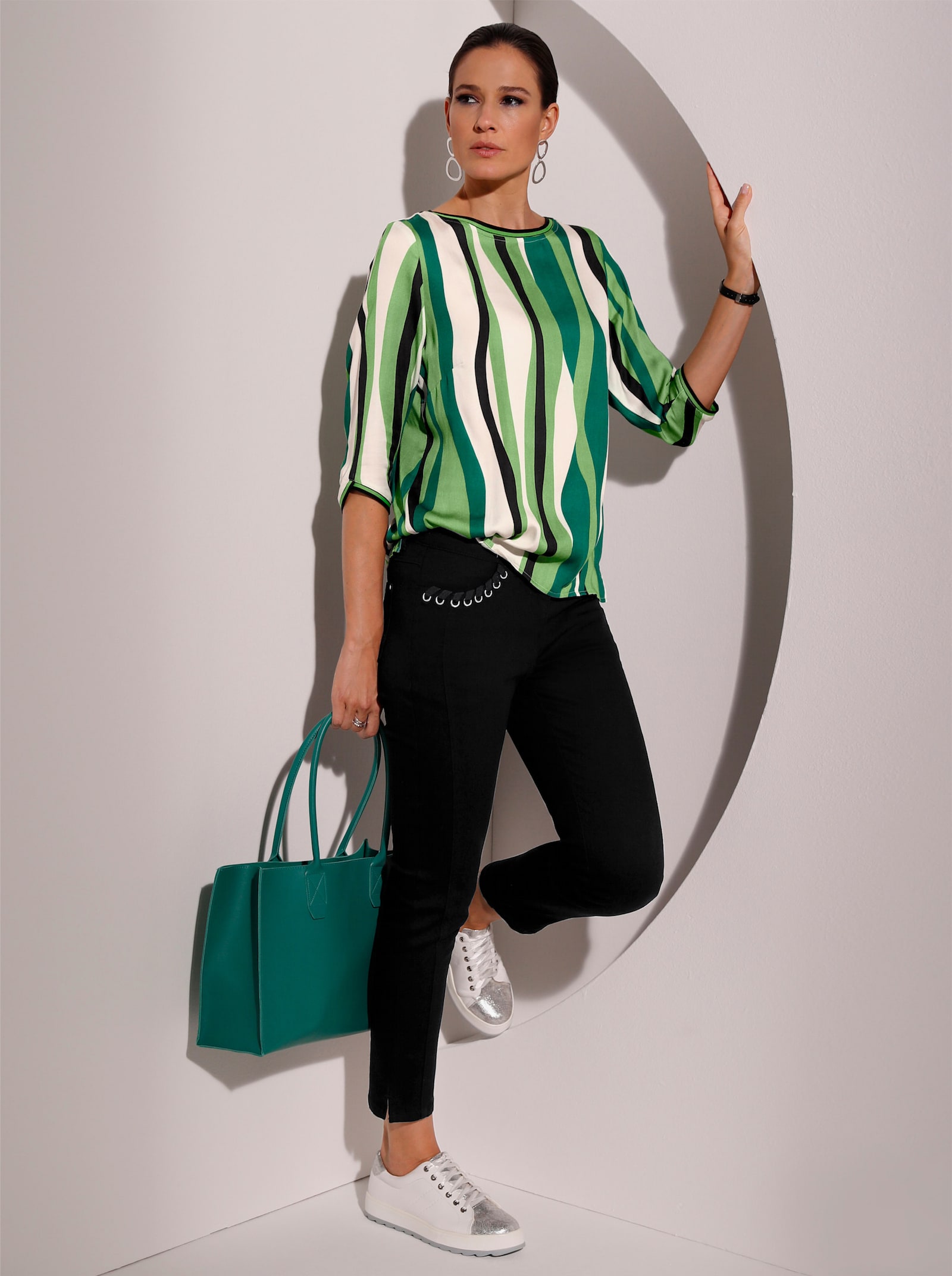 Schlupfbluse mit Strickbündchen - ecru-apfel-gemustert