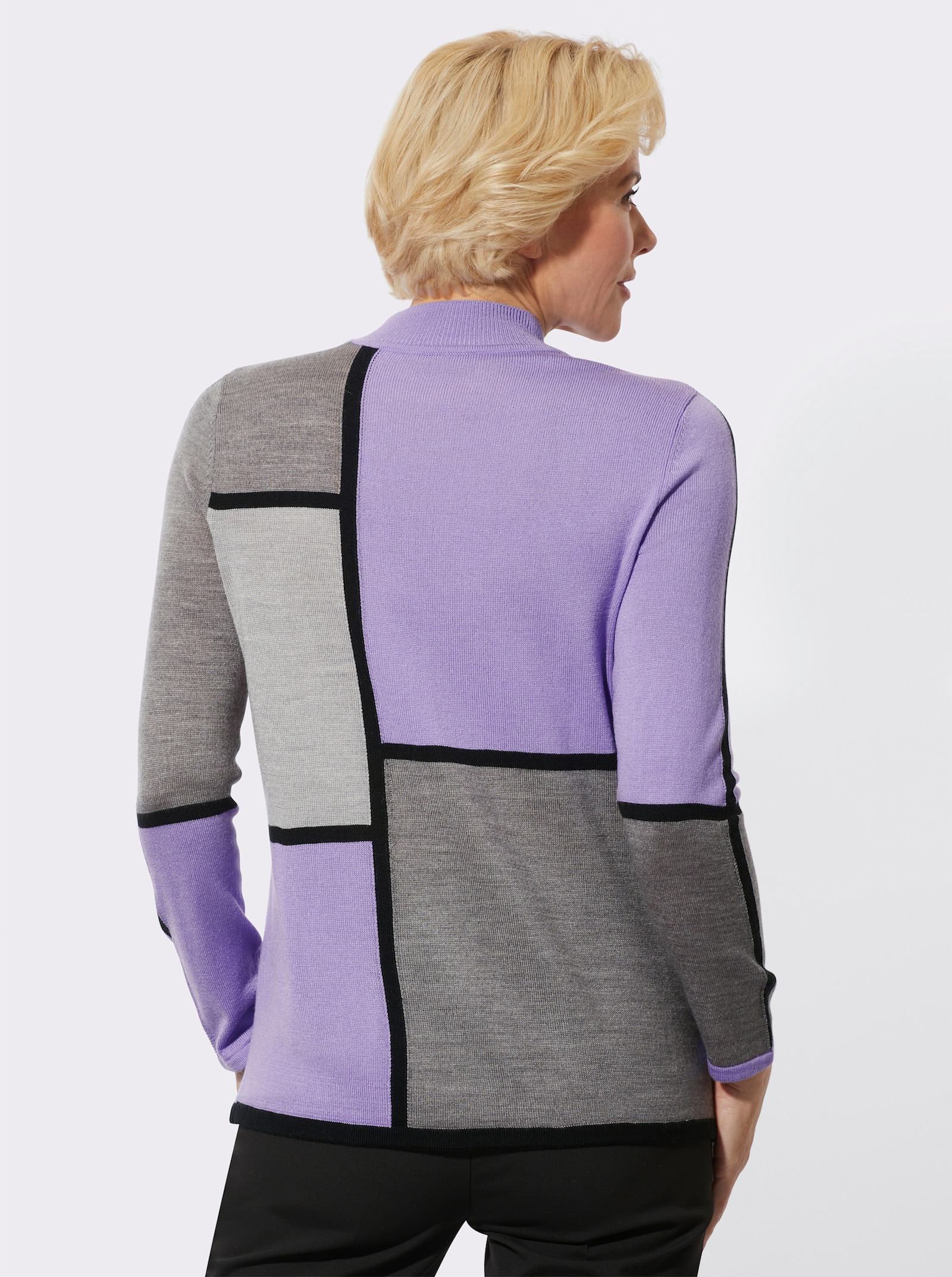 Stehkragenpullover mit grafischem Intarsienmuster - lavendel-schwarz-gemustert
