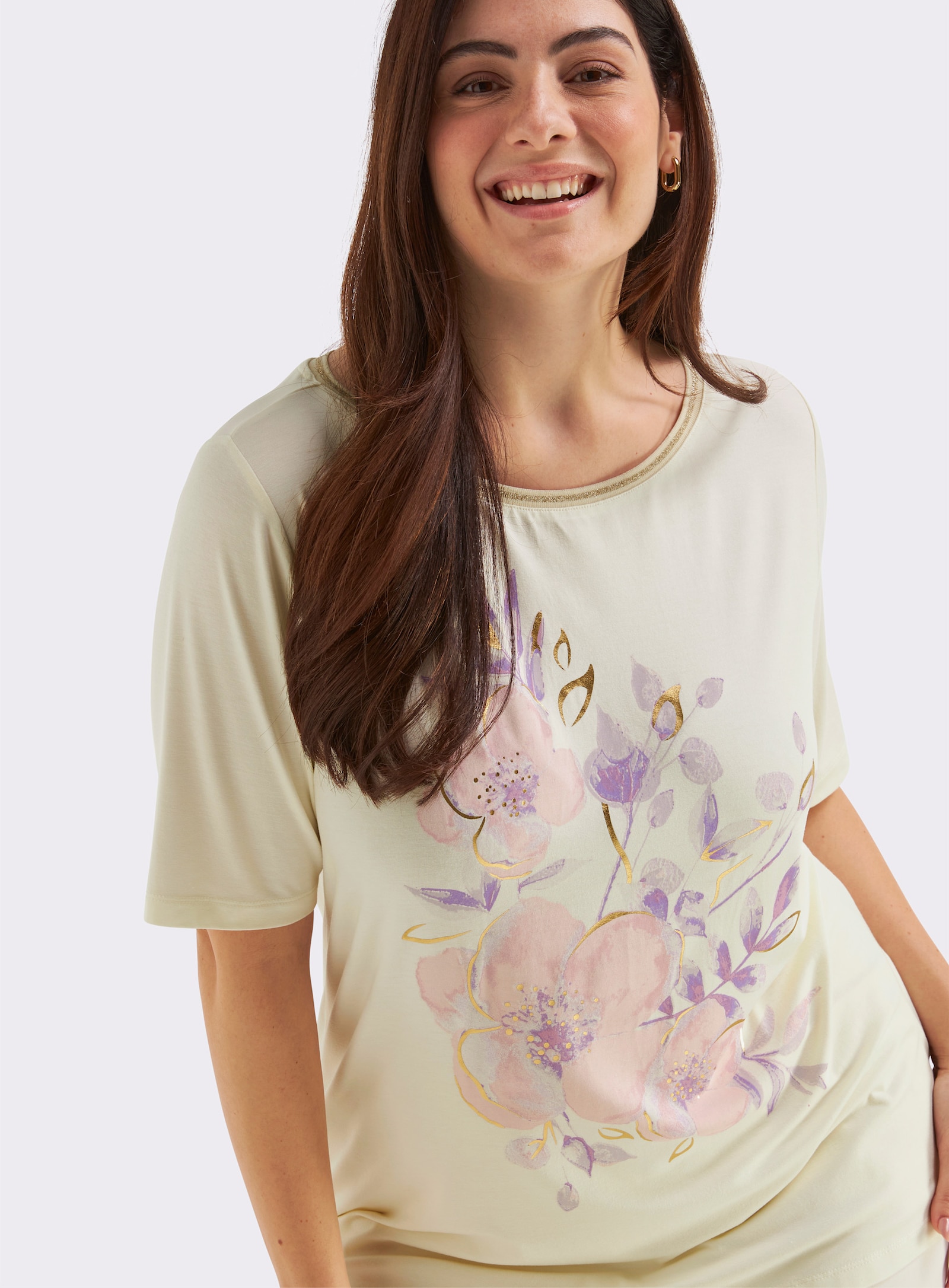 sheego Shirt met opvallende bloemenprint en lurexpaspel - champagne/orchidee bedrukt
