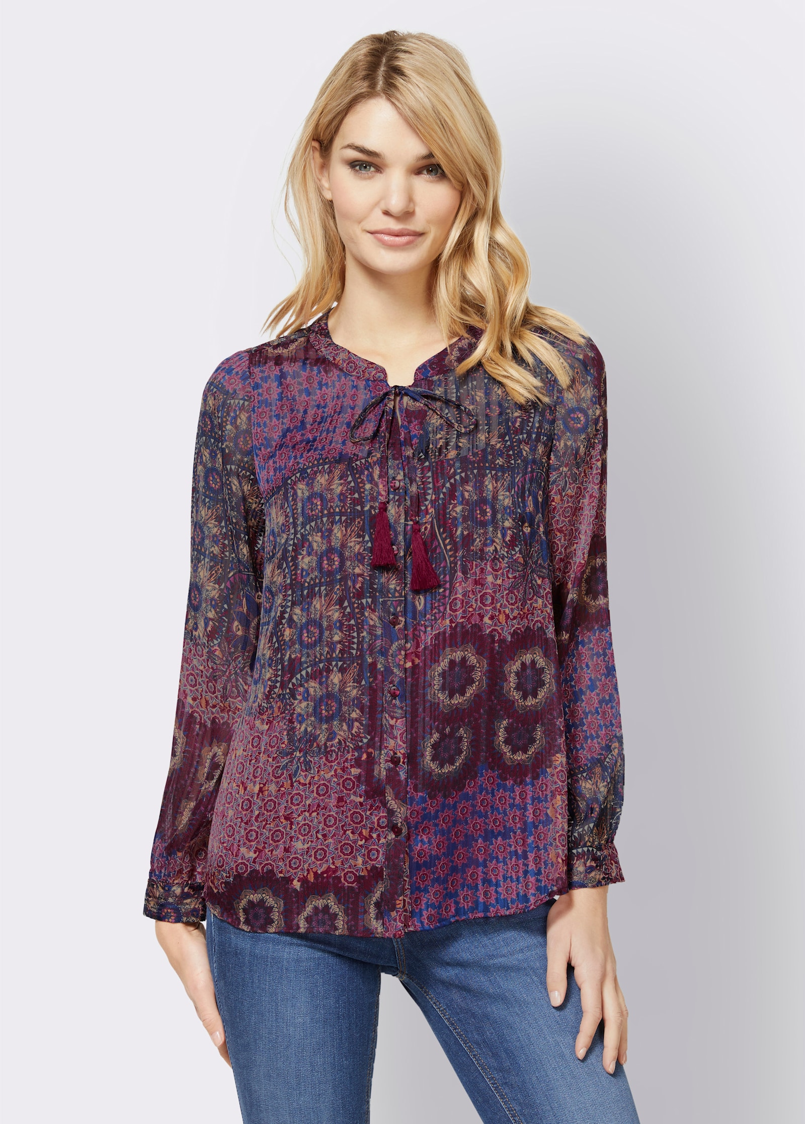 heine Druckbluse mit Quaste am Ausschnitt - kirsche-bedruckt