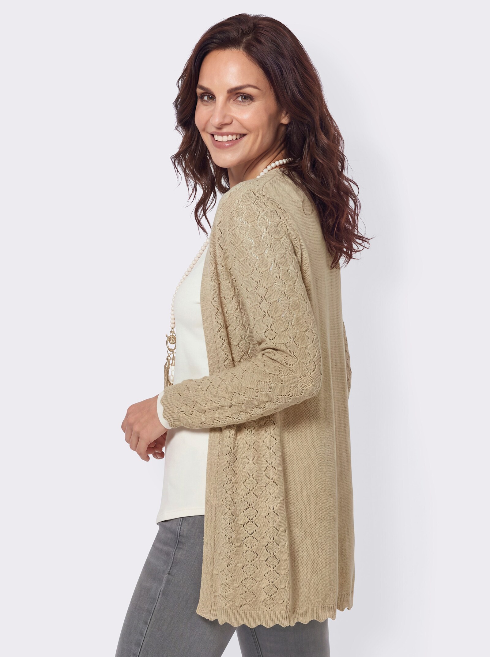 Longstrickjacke mit glattem Rückenteil - sand