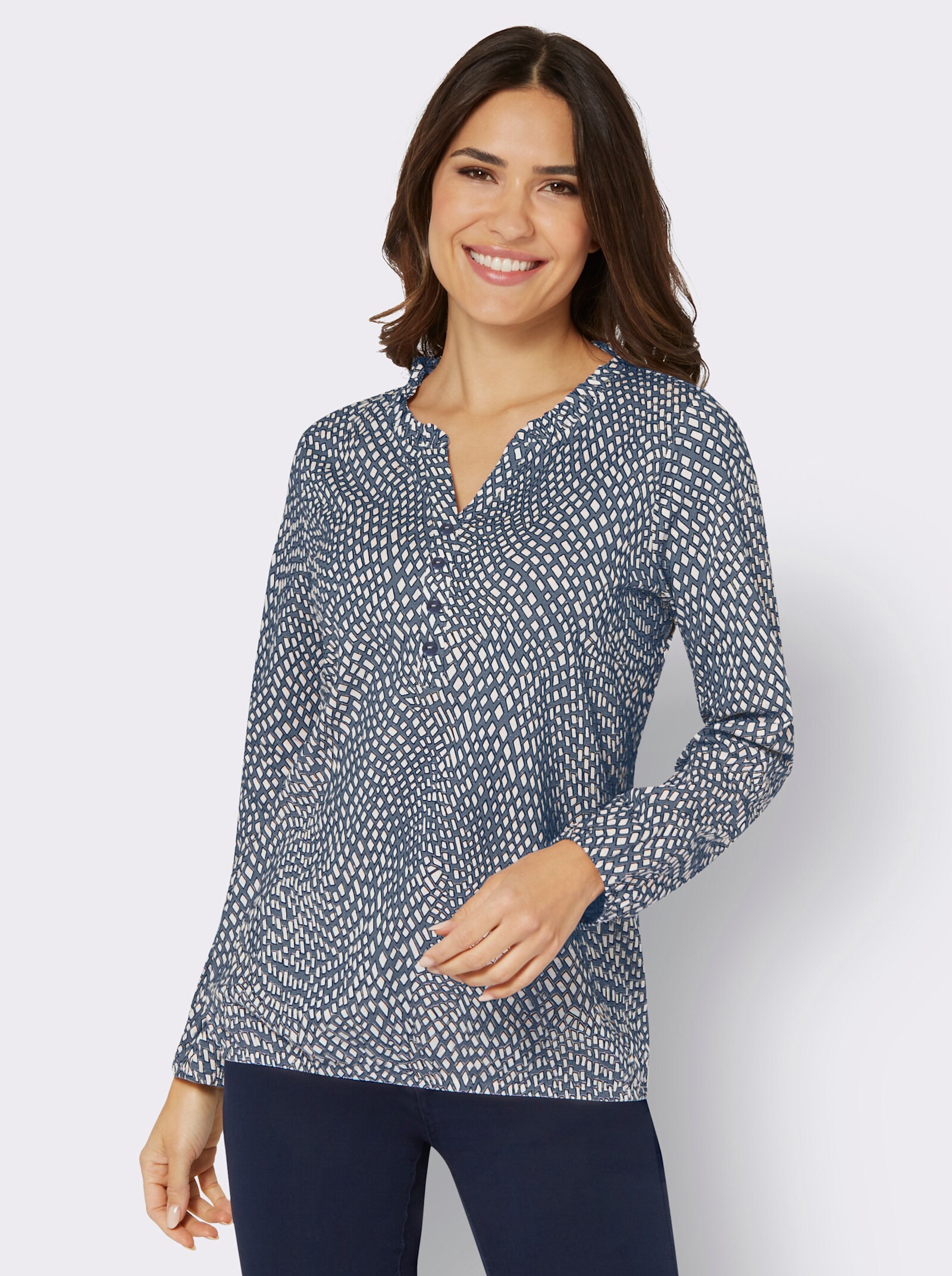 Langarmshirt mit Rüschenverzierung - rauchblau-ecru-bedruckt