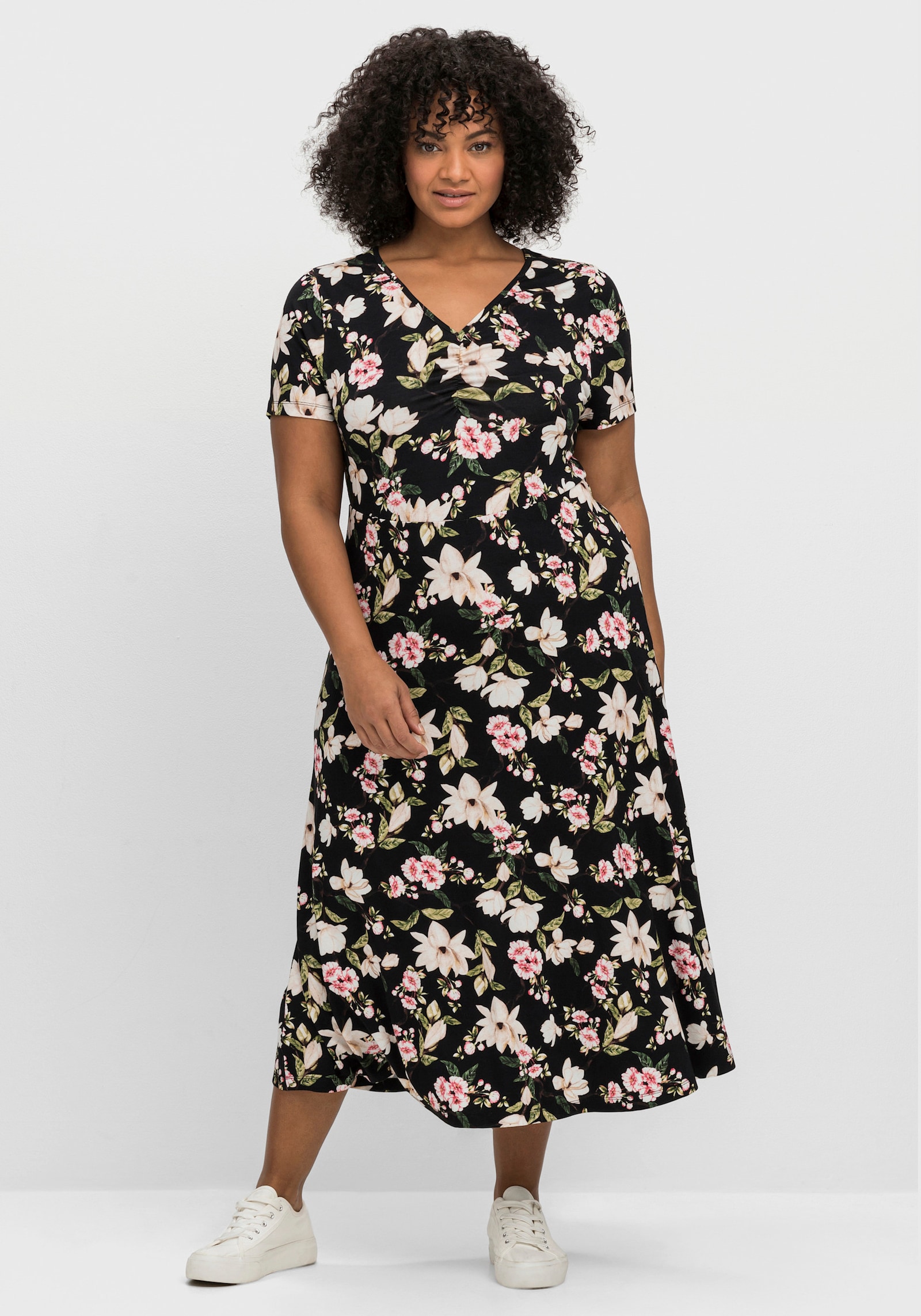 sheego by Joe Browns Jerseykleid mit Blumendruck, Midilänge - schwarz-gemustert
