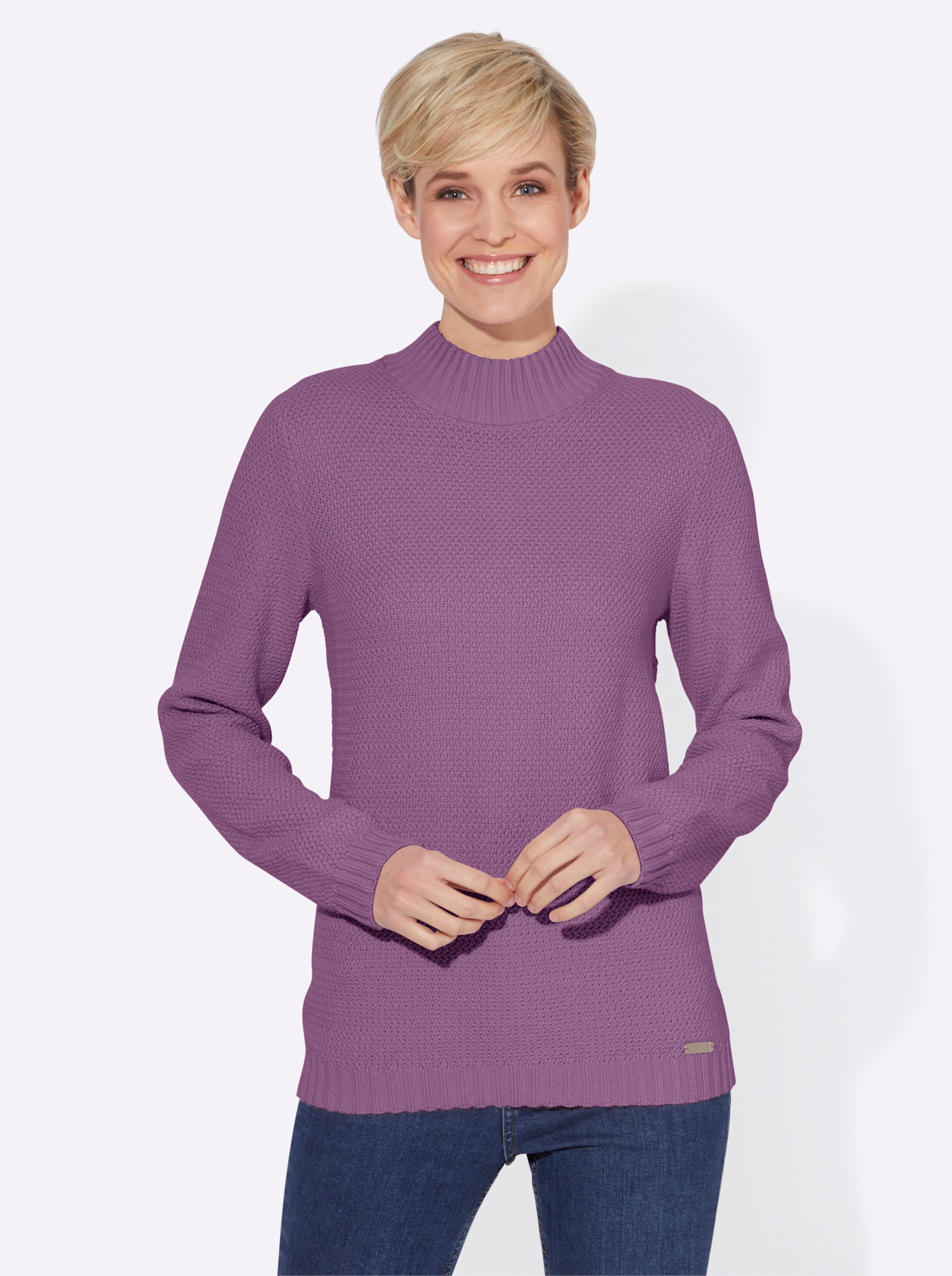 Witt Damen Langarm-Pullover im Perlfangmuster, violett