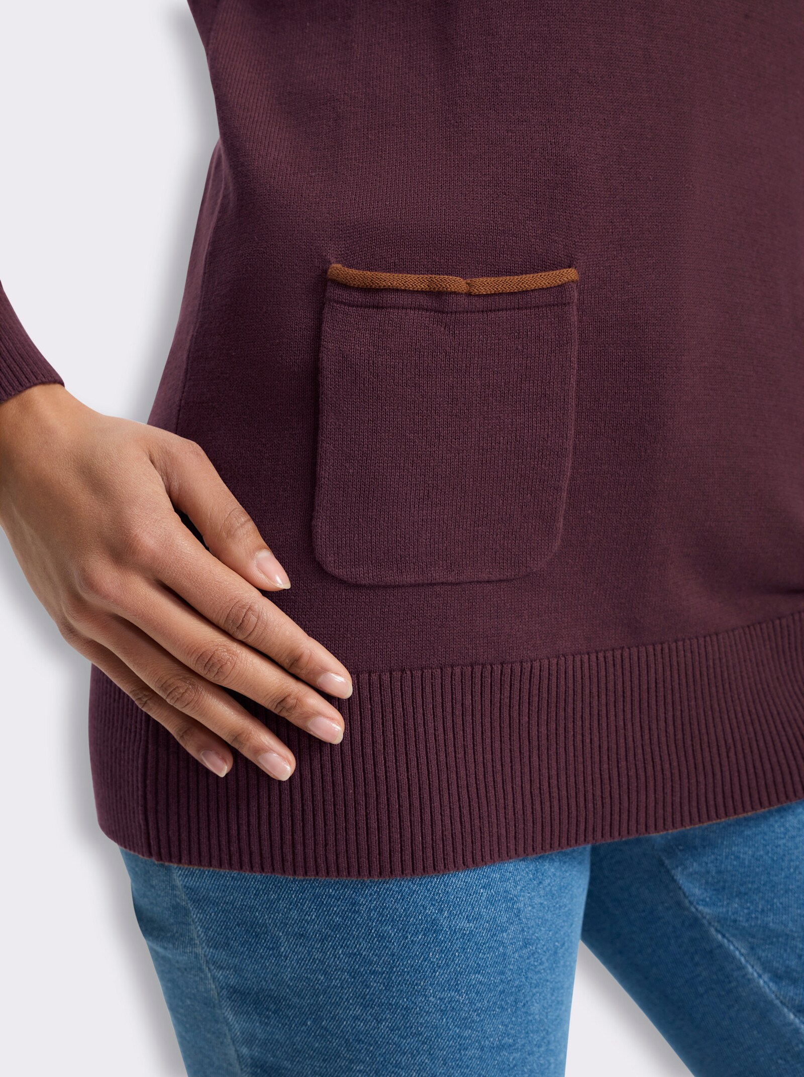  Longpullover mit Kontrast-Rollsaum - burgund