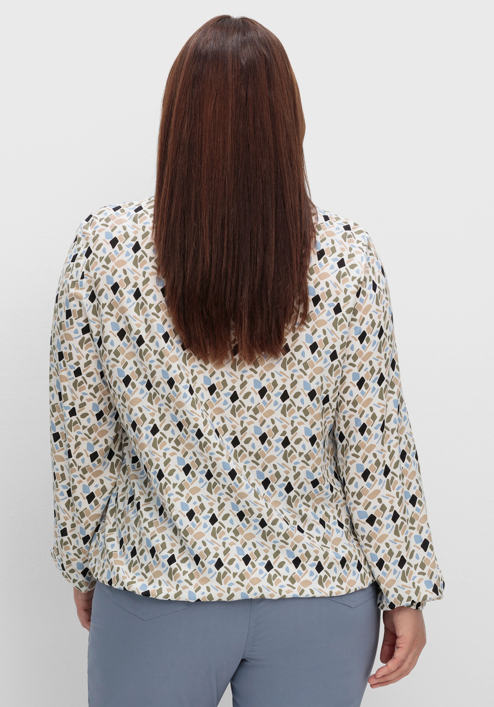 Langarm-Bluse mit Elastik-Abschlüssen - ecru-bleu-bedruckt