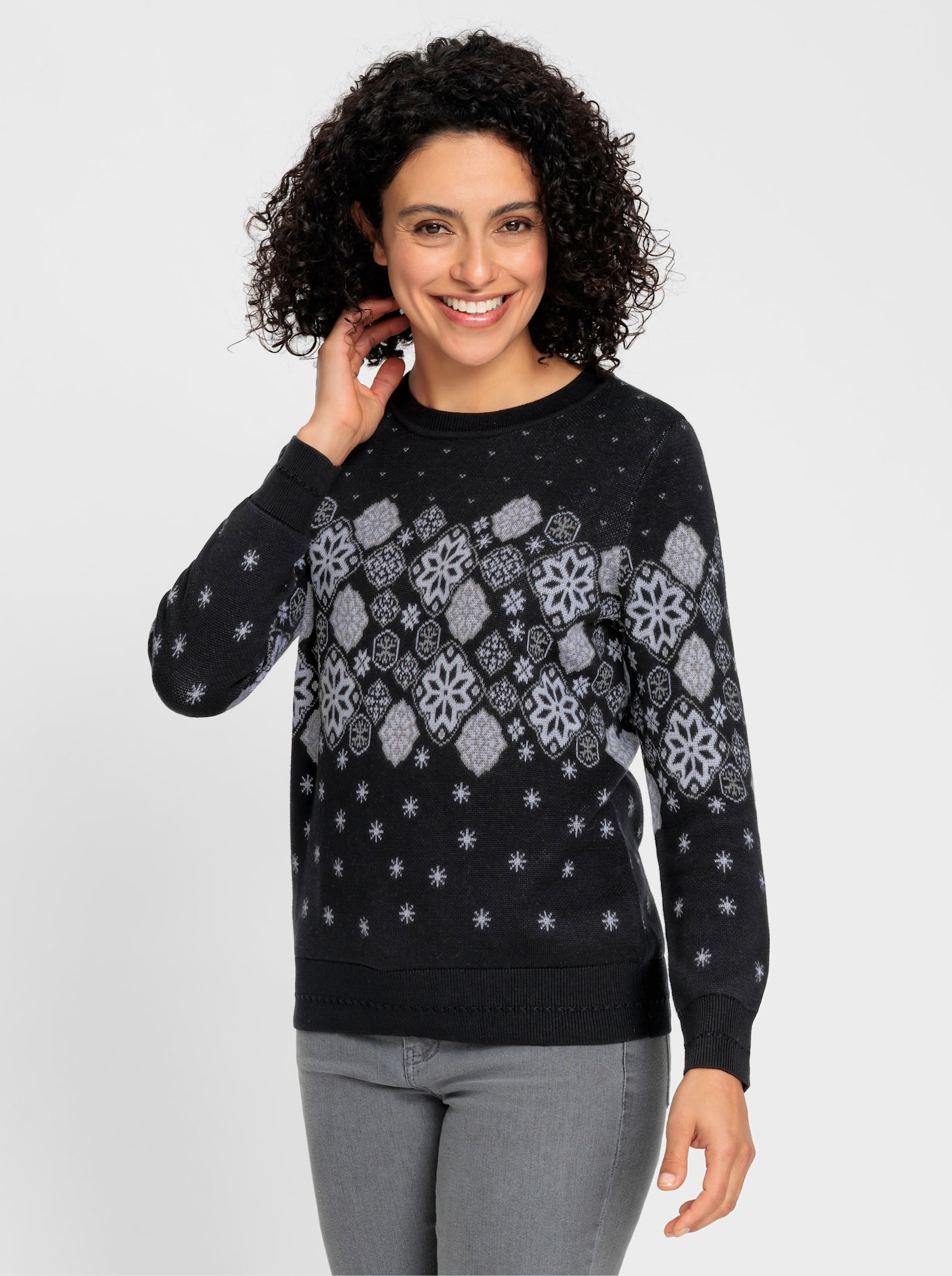 Jacquard-Pullover mit Schneeflocken-Muster - schwarz-gemustert