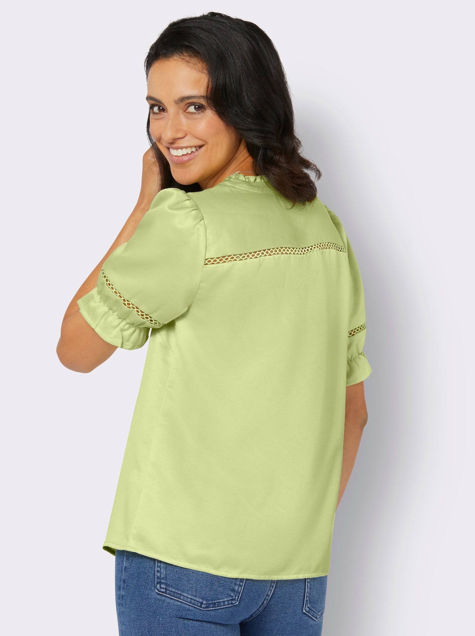 Satinbluse mit Spitzen-Einsatz - pistazie