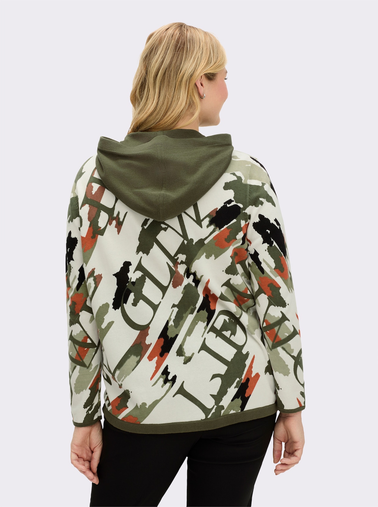 Kapuzenstrickjacke mit Druck und Glitzersteinchen - champagner-khaki-bedruckt