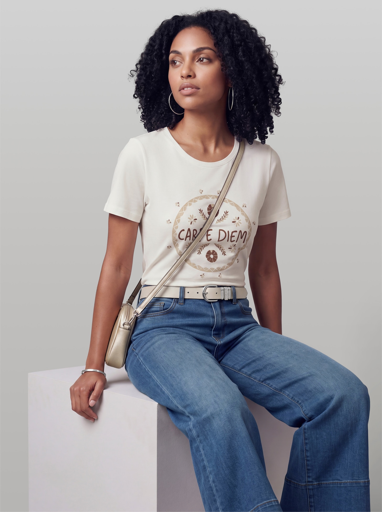 heine Kurzarmshirt mit Schriftzug - ecru