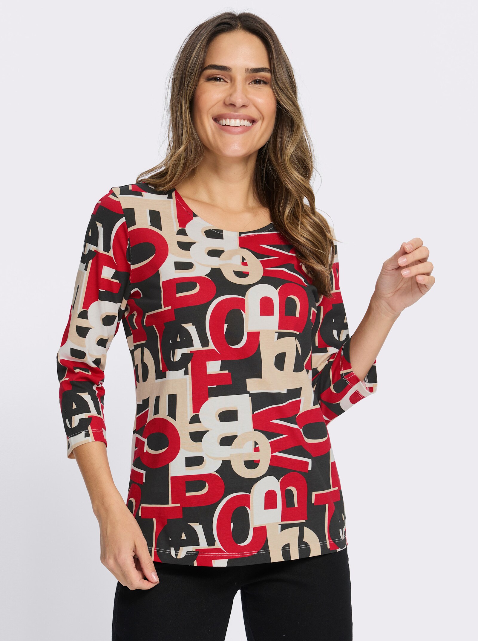 3/4-Arm-Shirt mit Lettering-Druck - rot-schwarz-bedruckt