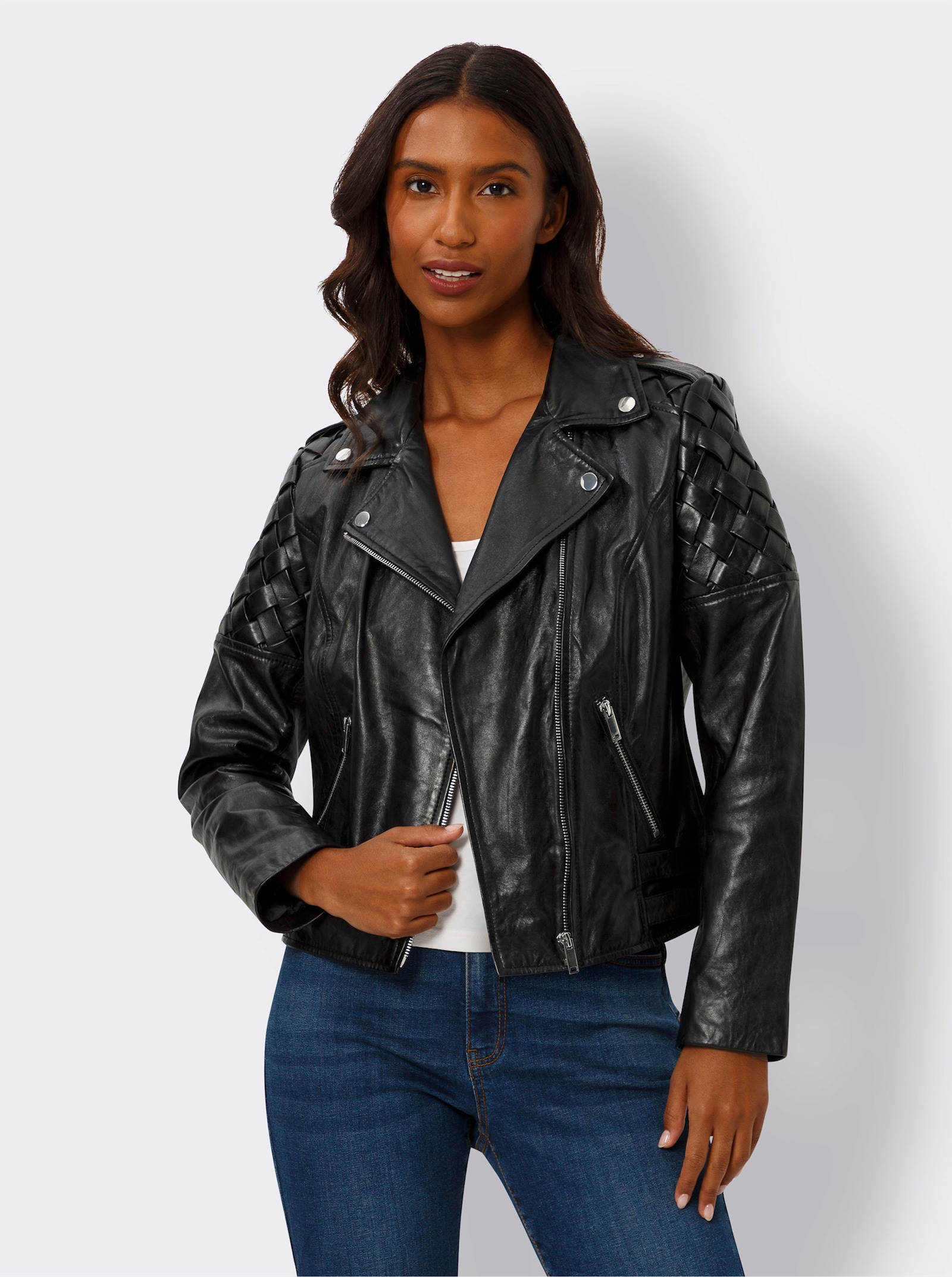 heine Lederjacke mit Flecht-Einsatz - schwarz