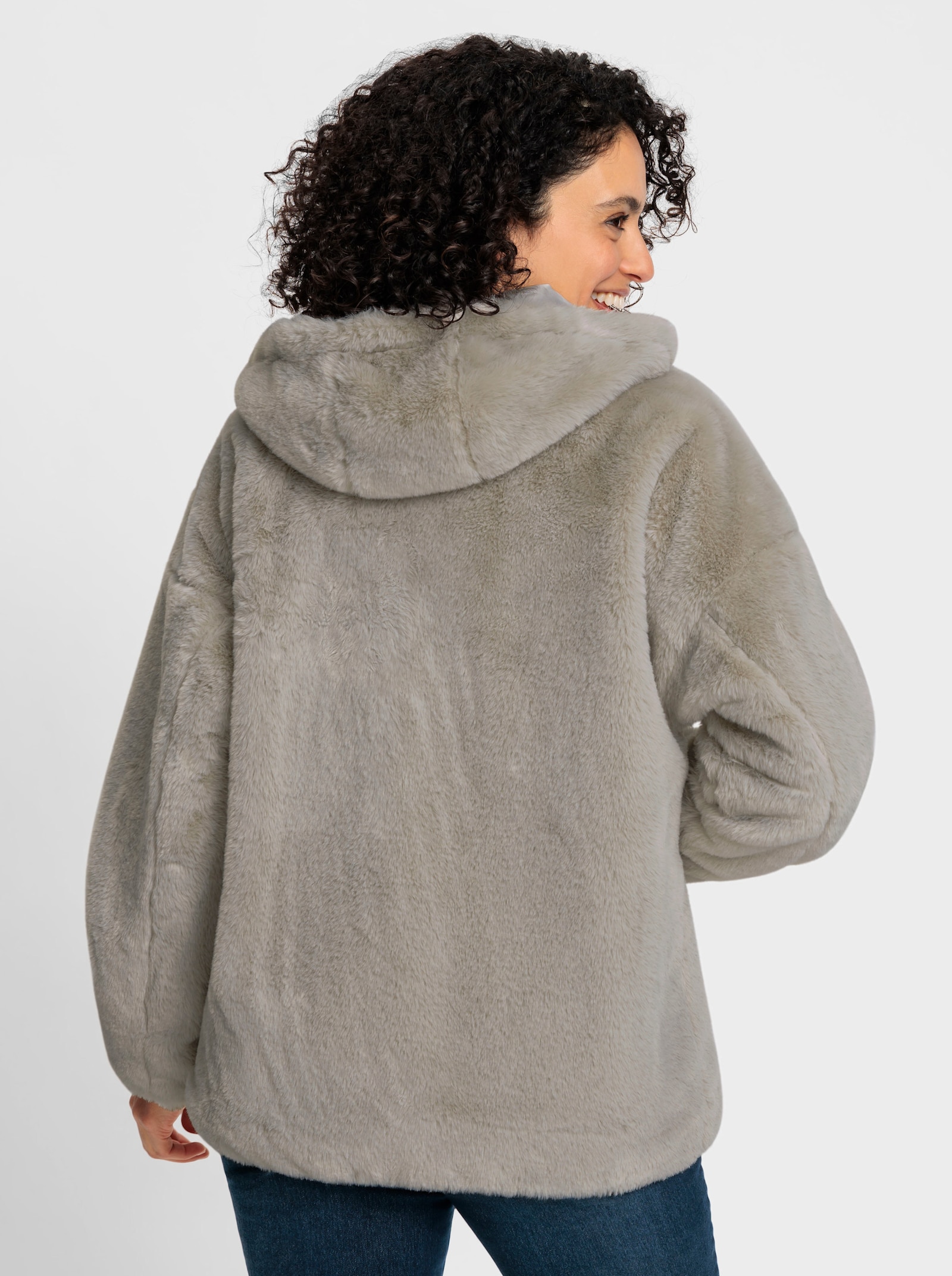 Fellimitatjacke mit Gummizug an Ärmeln und Saum - hellgrau