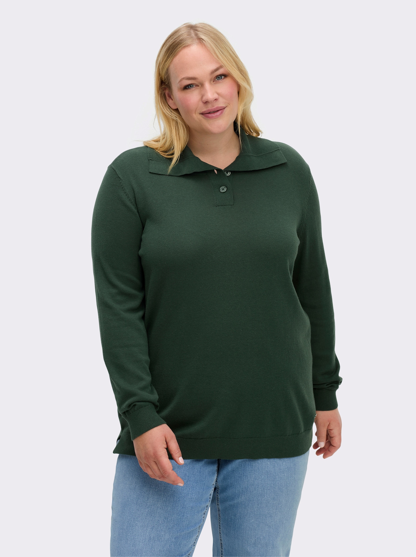sheego Pullover met knoopsluiting op de kraag - mos