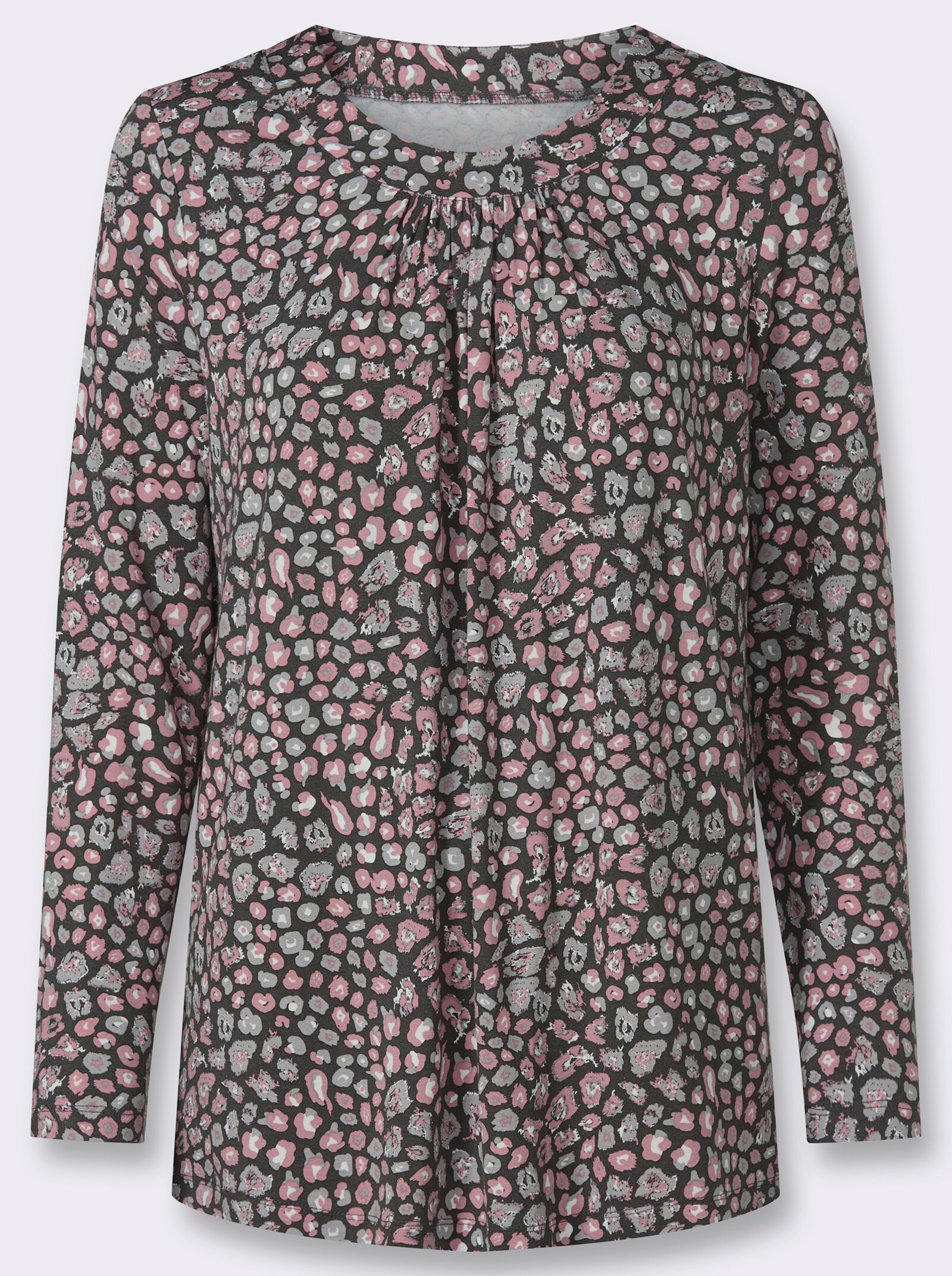 Tunikashirt mit Raffung am Ausschnitt - graphit-altrosa-bedruckt