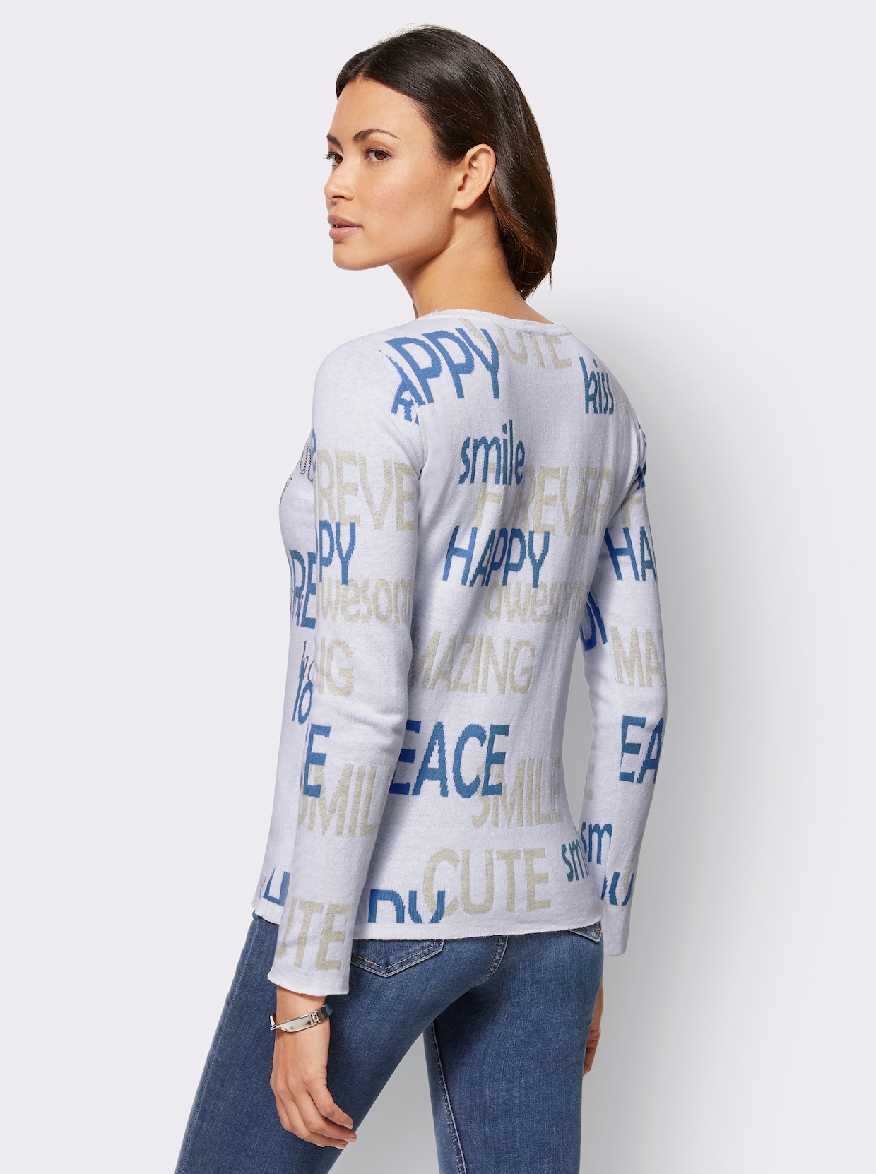 Pullover met lange mouwen - ecru/middenblauw bedrukt