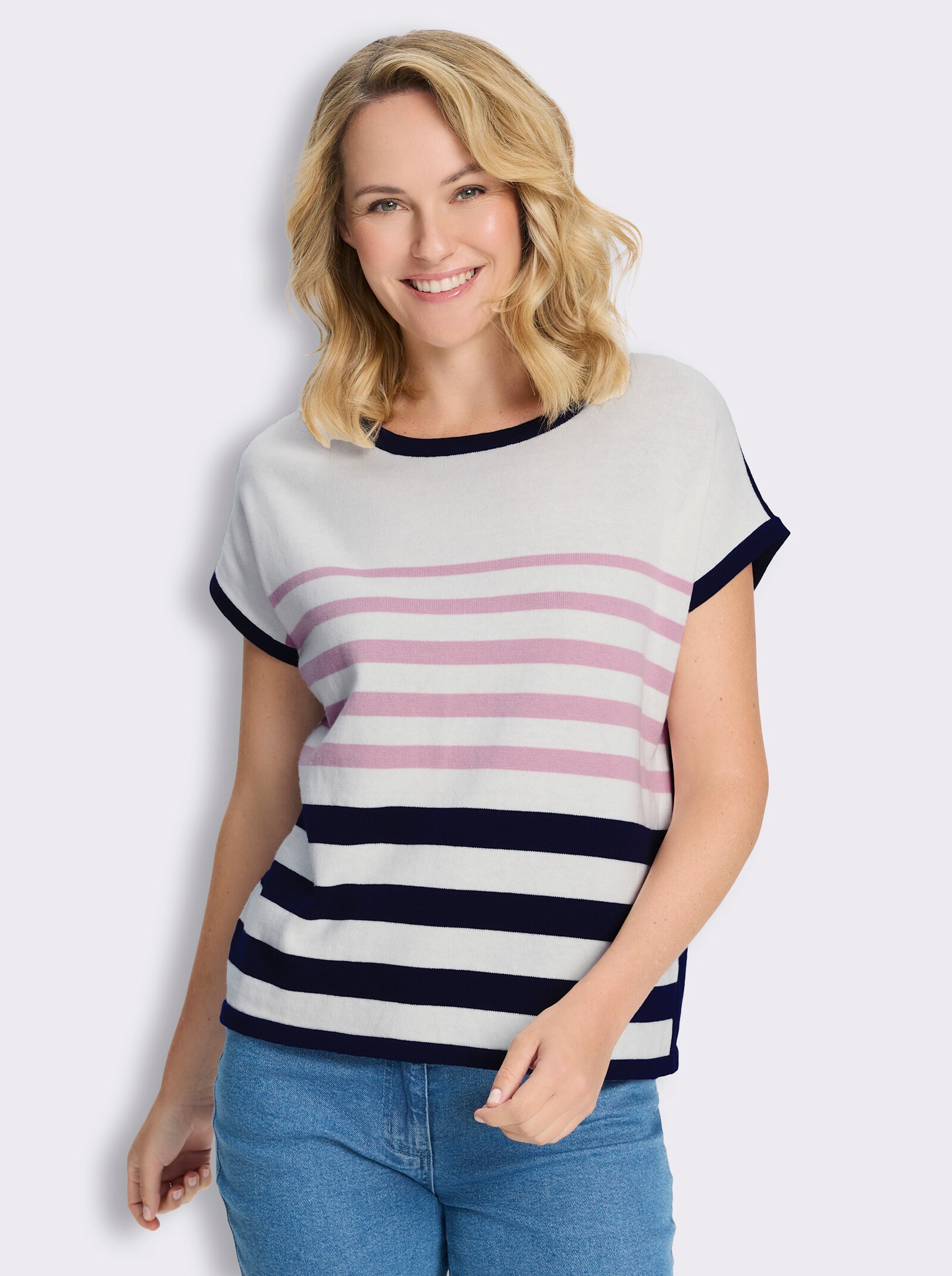 Kurzarmpullover aus reiner Baumwolle, gestreift - rosé-marine-geringelt