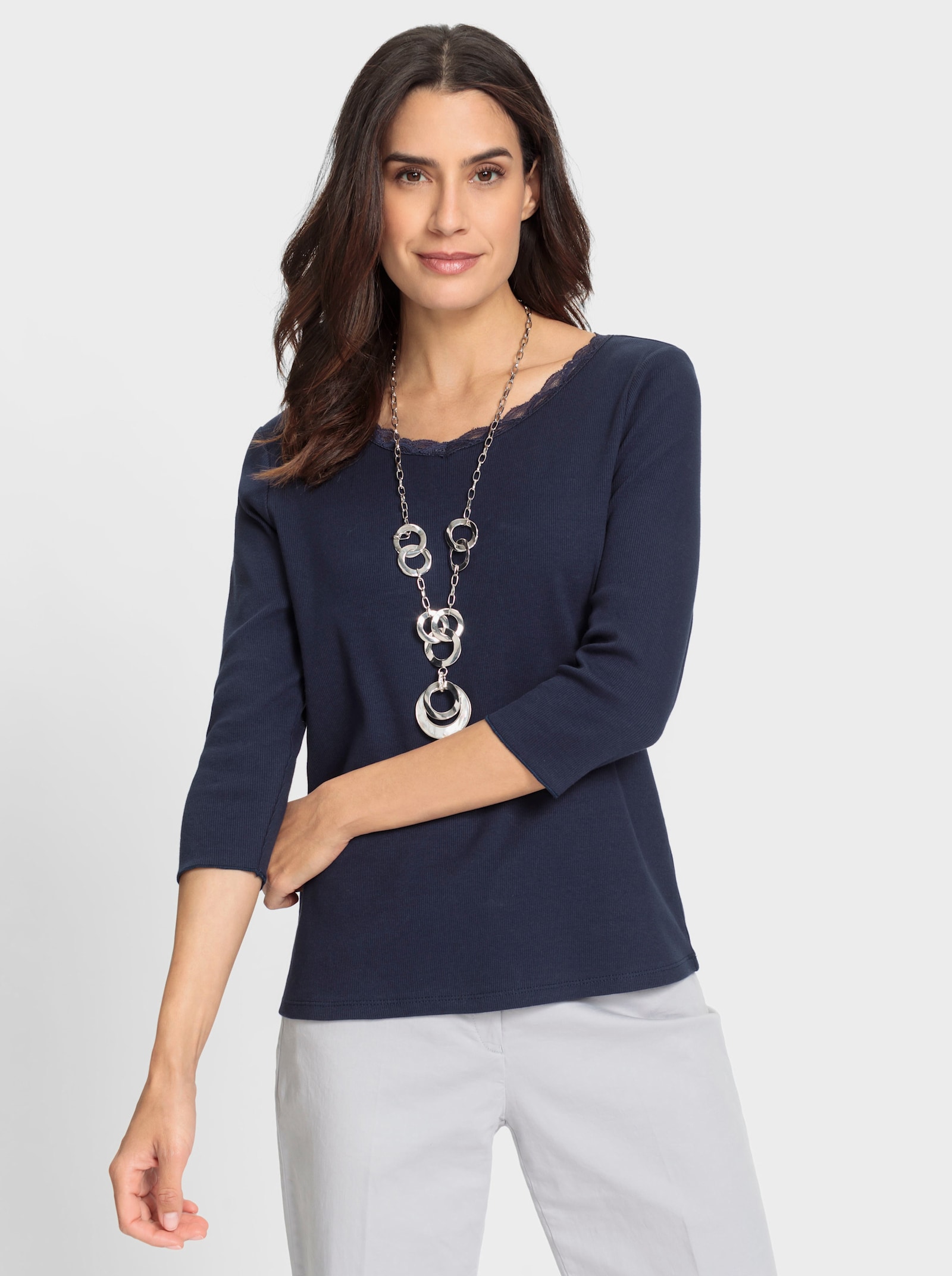 3/4-Arm-Shirt mit elastischer Spitze - marine