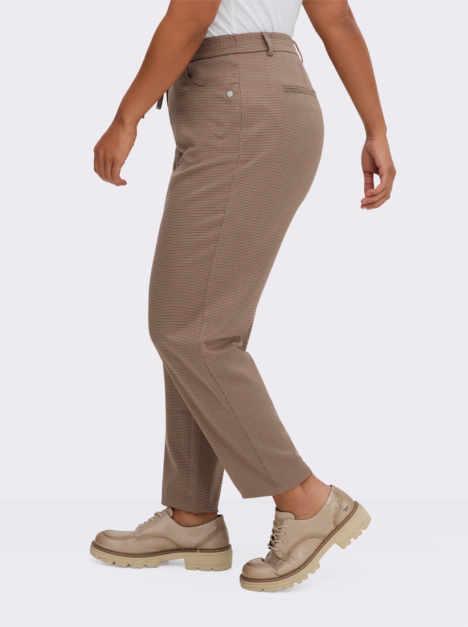 sheego Comfortbroek met in het garen geverfde ruiten en bindceintuur - leem gedessineerd