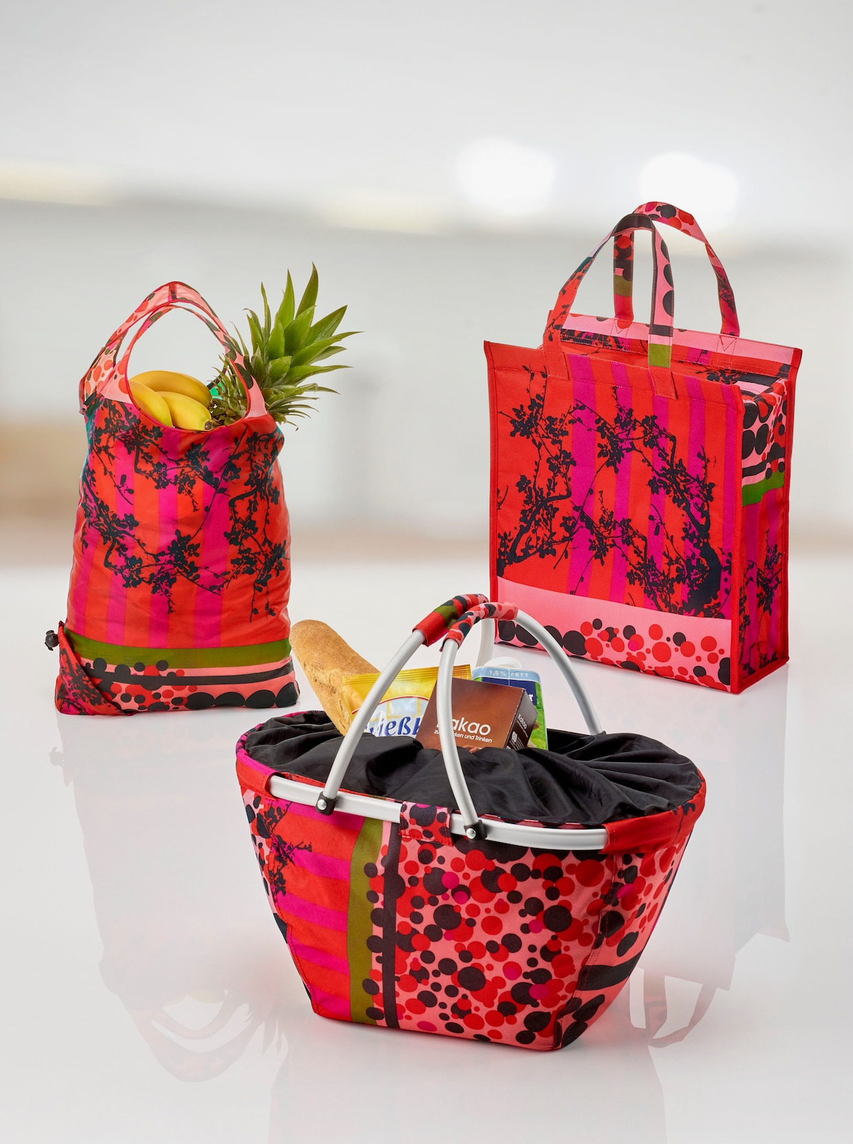 3-tlg. Einkaufs-Set - rot-gemustert