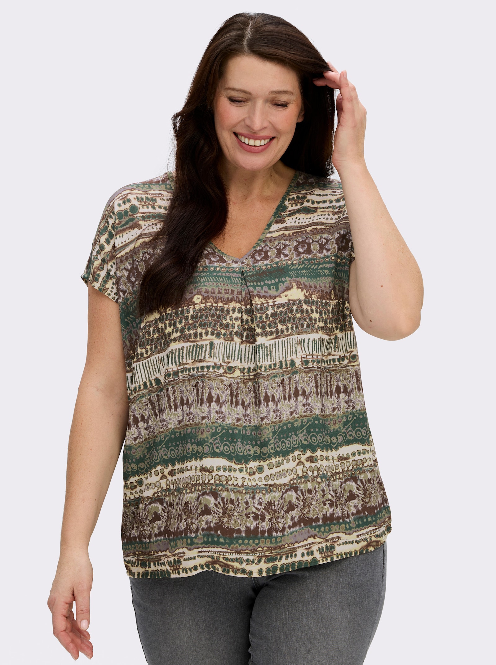 Kurzarmbluse mit schmeichelnder Falte vorne - schilf-schoko-bedruckt