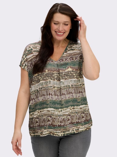 Kurzarmbluse mit schmeichelnder Falte vorne - schilf-schoko-bedruckt